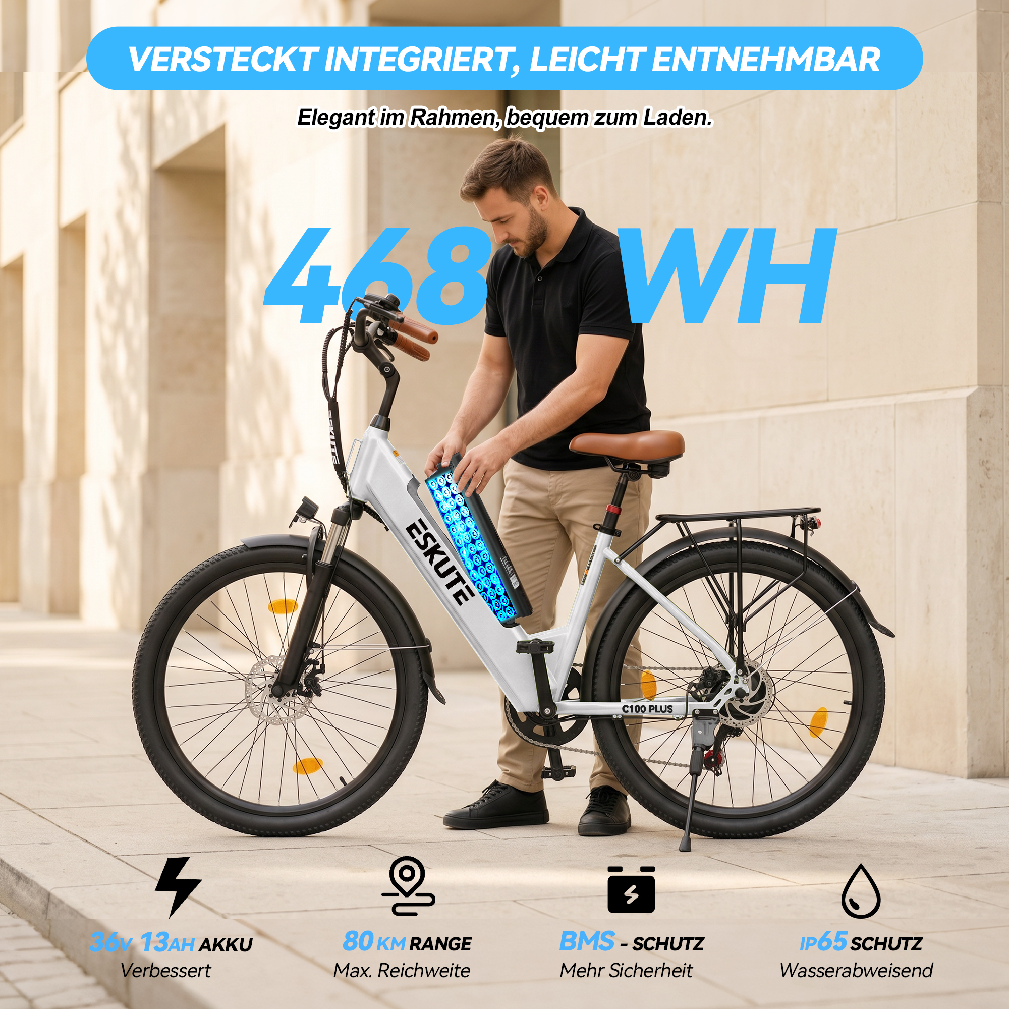 Ein Mann entnimmt den 468WH Akku aus dem Rahmen eines weißen Eskute E-Bikes auf einer Straße.