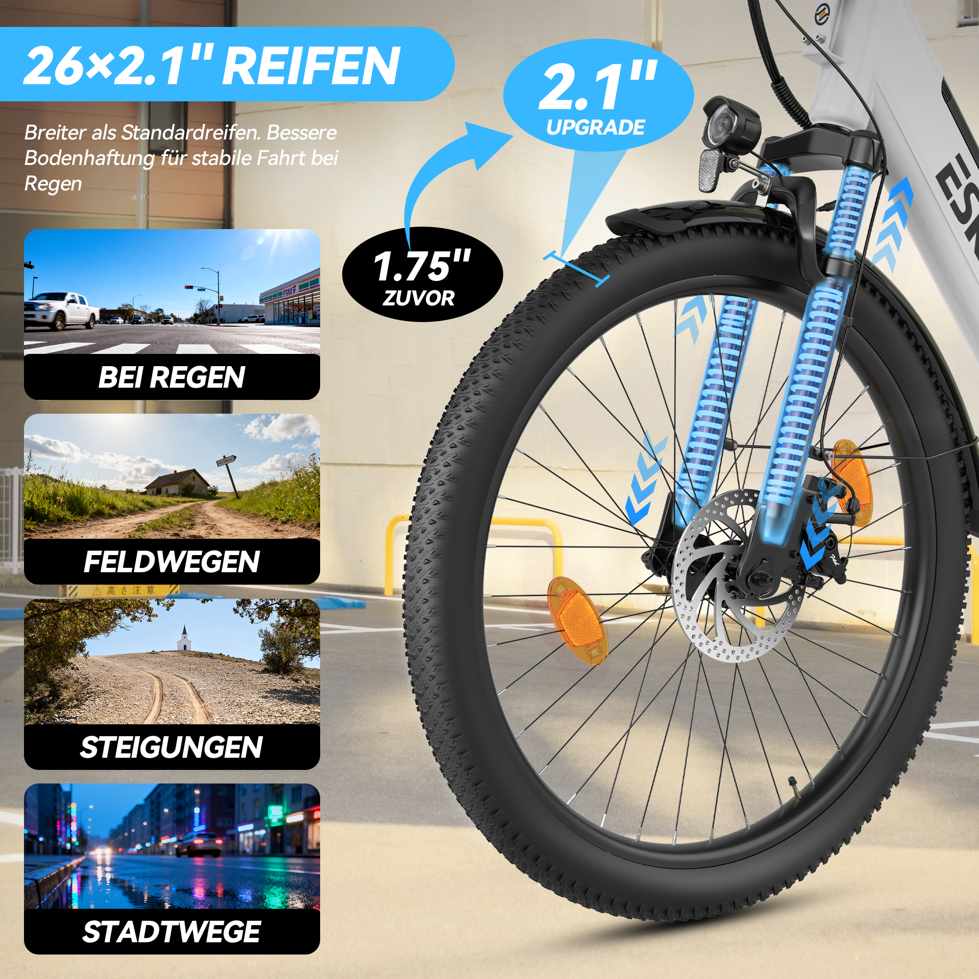 E-Bike Vorderreifen mit 2.1 Zoll Upgrade und blauen Federgabeln sowie vier Einsatzbeispielen links.