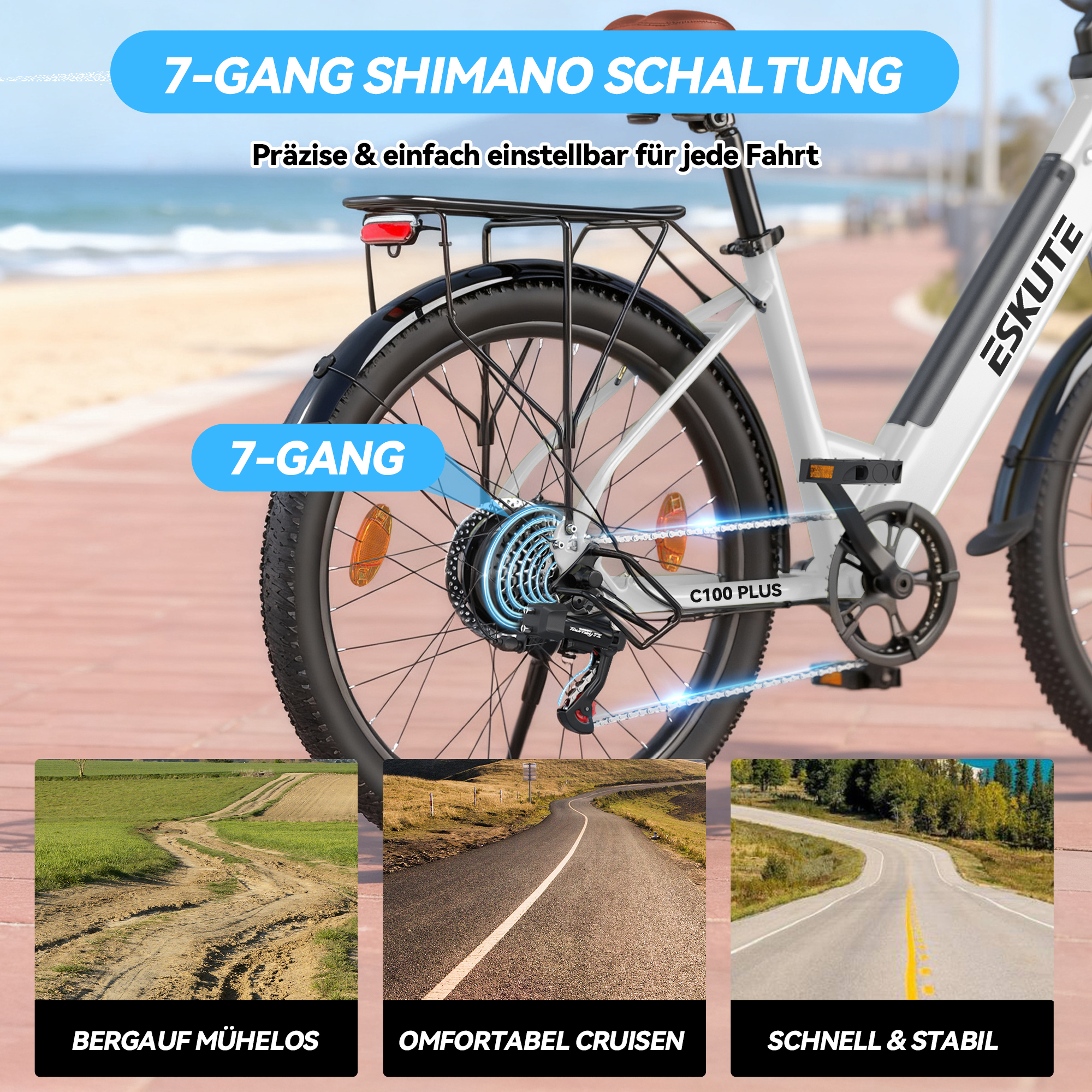 Eskute E-Bike mit 7-Gang Shimano Schaltung, Gepäckträger und verschiedenen Gelände-Vorschaubildern.