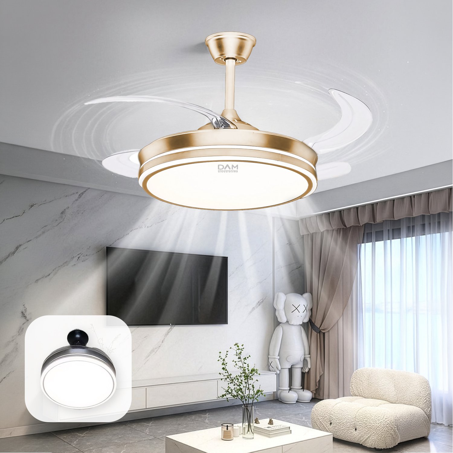 Un moderno ventilador de techo dorado con aspas retráctiles y luz en una sala de estar.