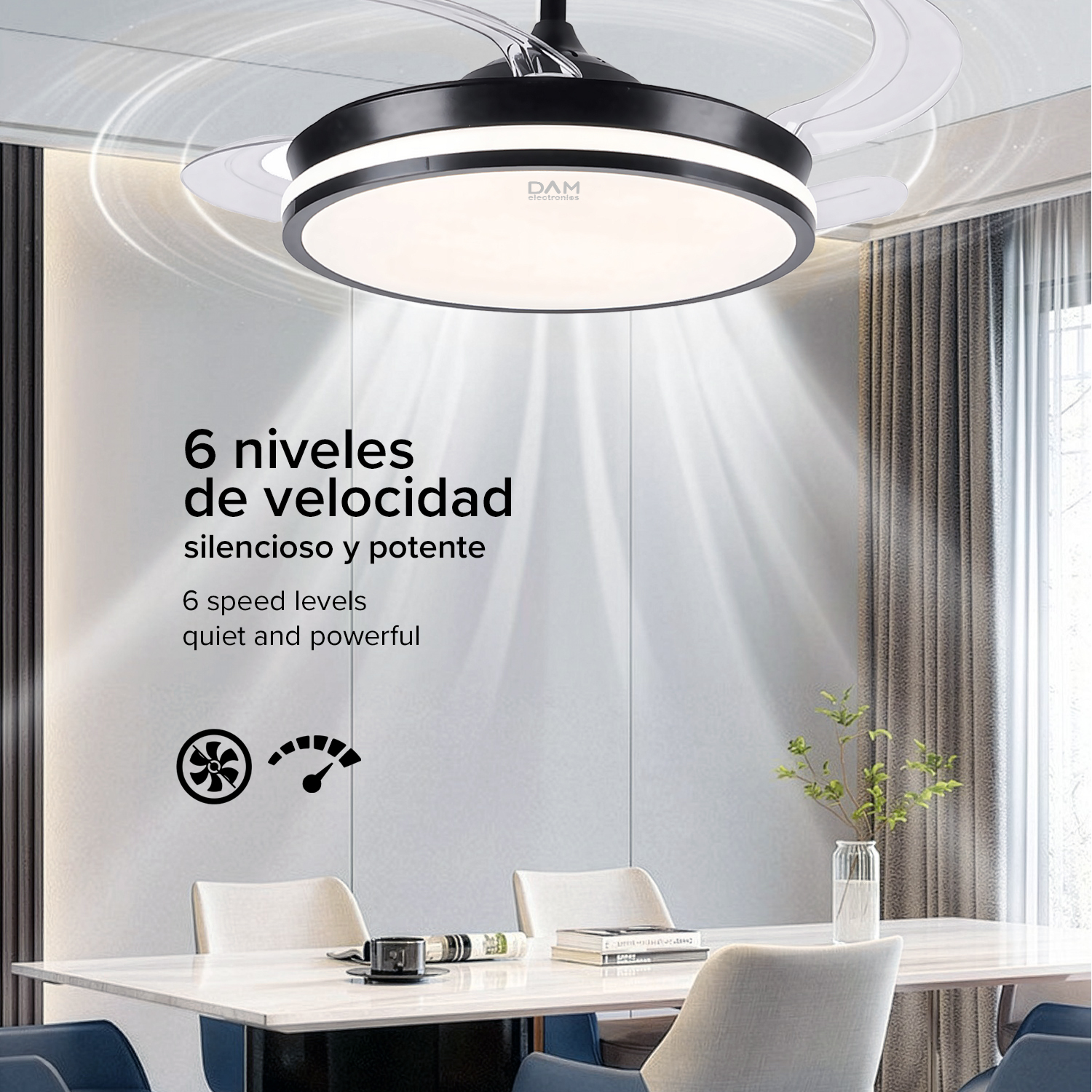 Lámpara de ventilador de techo moderna sobre una mesa de comedor con sillas.