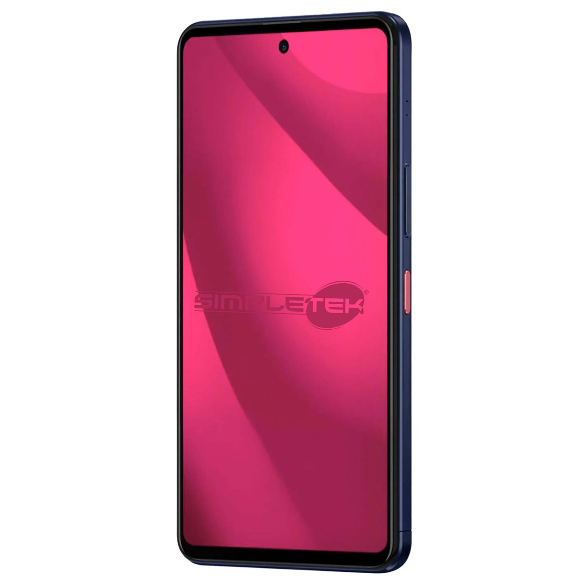 Uno smartphone blu scuro mostra uno sfondo rosa vibrante con un logo visibile sullo schermo.