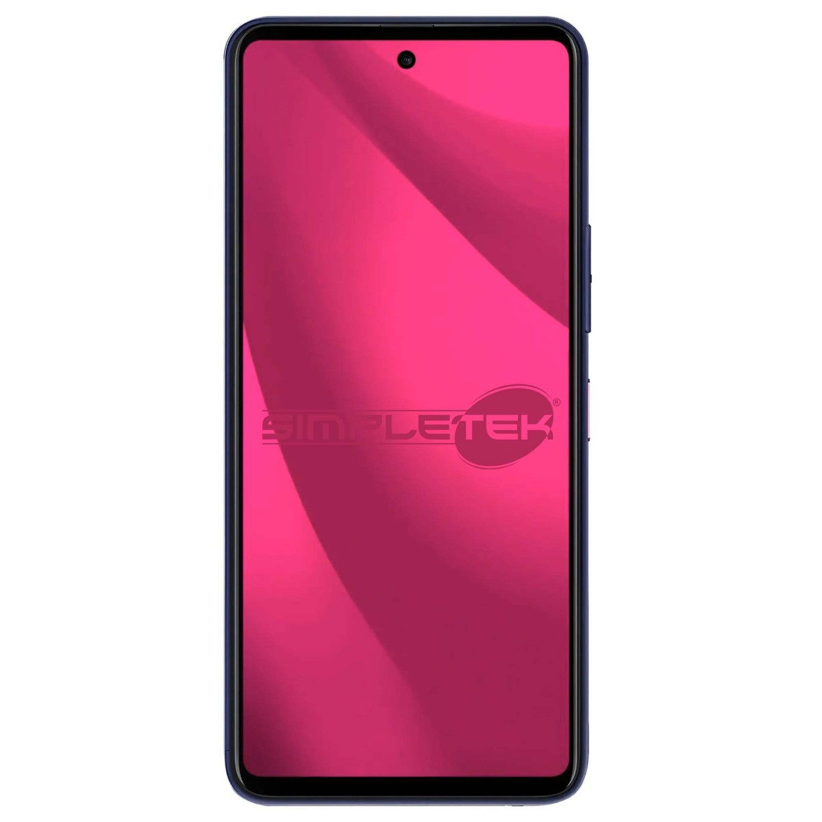 Vista frontale di uno smartphone con schermo rosa e logo rosso Simpletek.