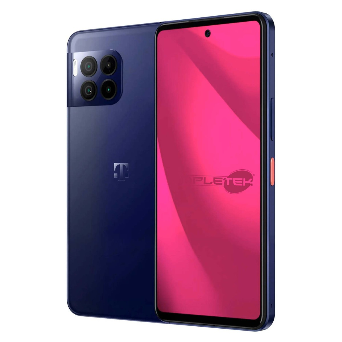 Uno smartphone blu scuro mostra il suo schermo rosa e il modulo a quattro fotocamere.
