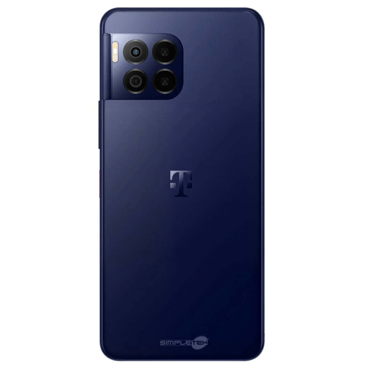 Retro di uno smartphone blu scuro con quattro fotocamere e il logo T al centro.