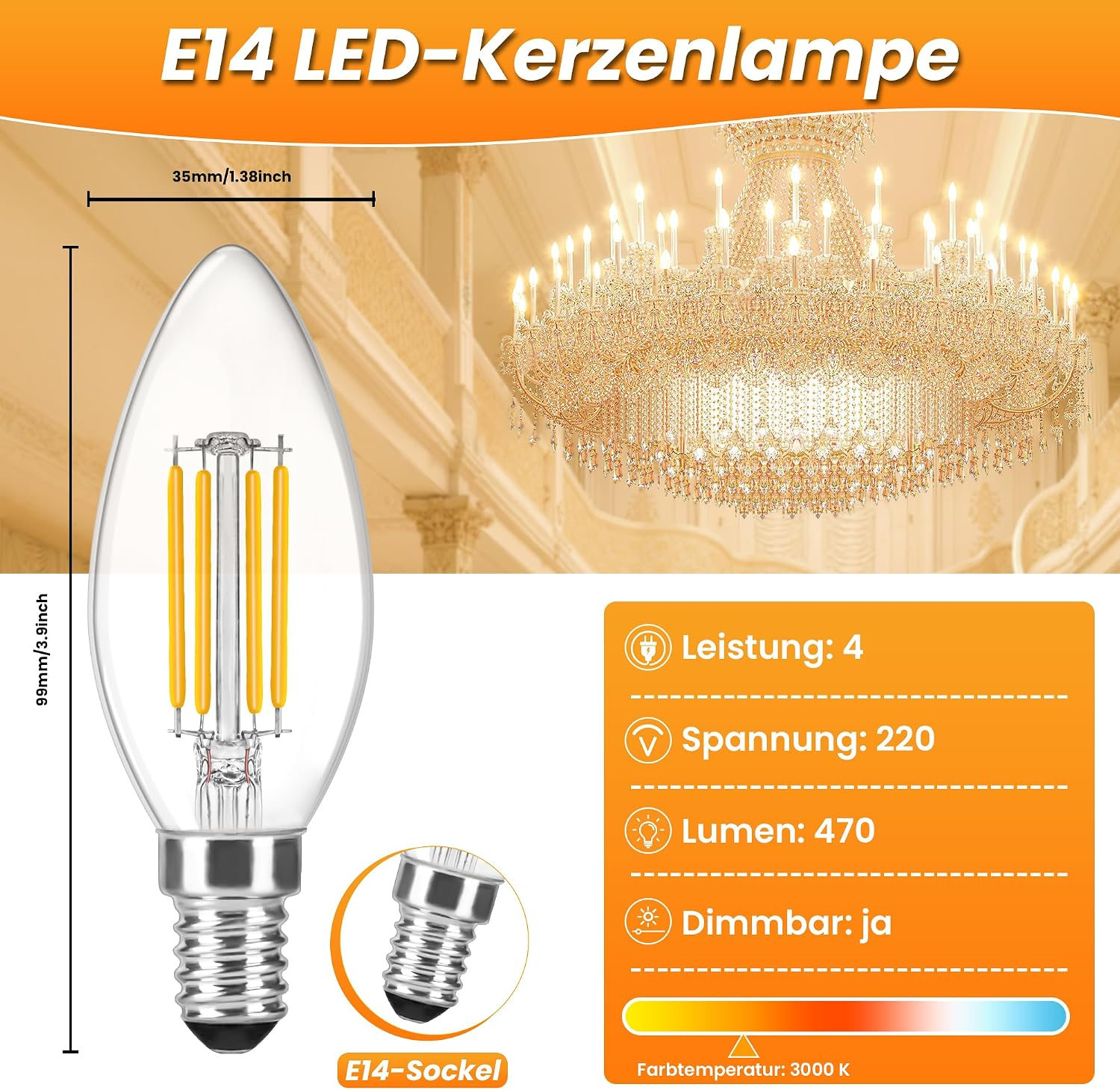 E14 LED-Kerzenlampe mit technischen Daten und einem großen Kronleuchter im Hintergrund.