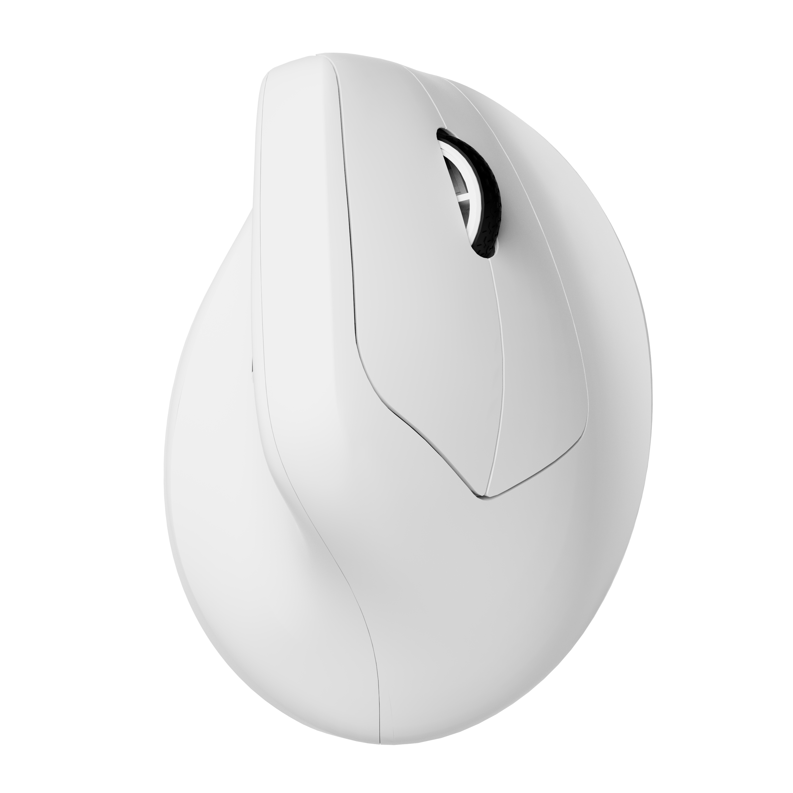 Un mouse per computer ergonomico bianco con rotella di scorrimento su sfondo bianco.