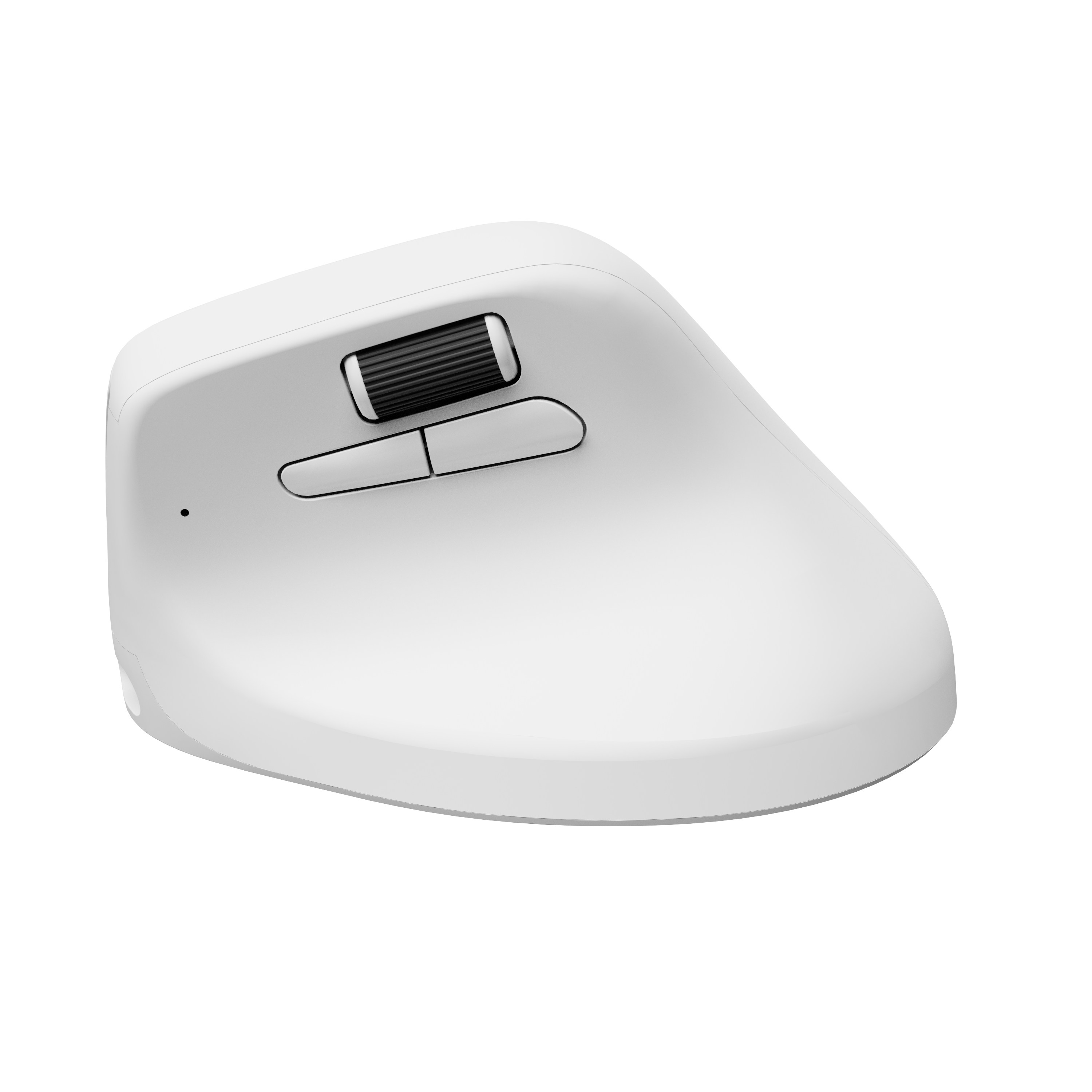 Un mouse wireless ergonomico bianco con rotellina per il pollice e due tasti su sfondo bianco.