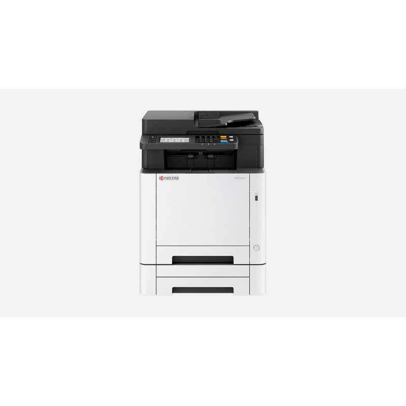 Açık arka plan önünde beyaz ve siyah Kyocera çok fonksiyonlu yazıcı.