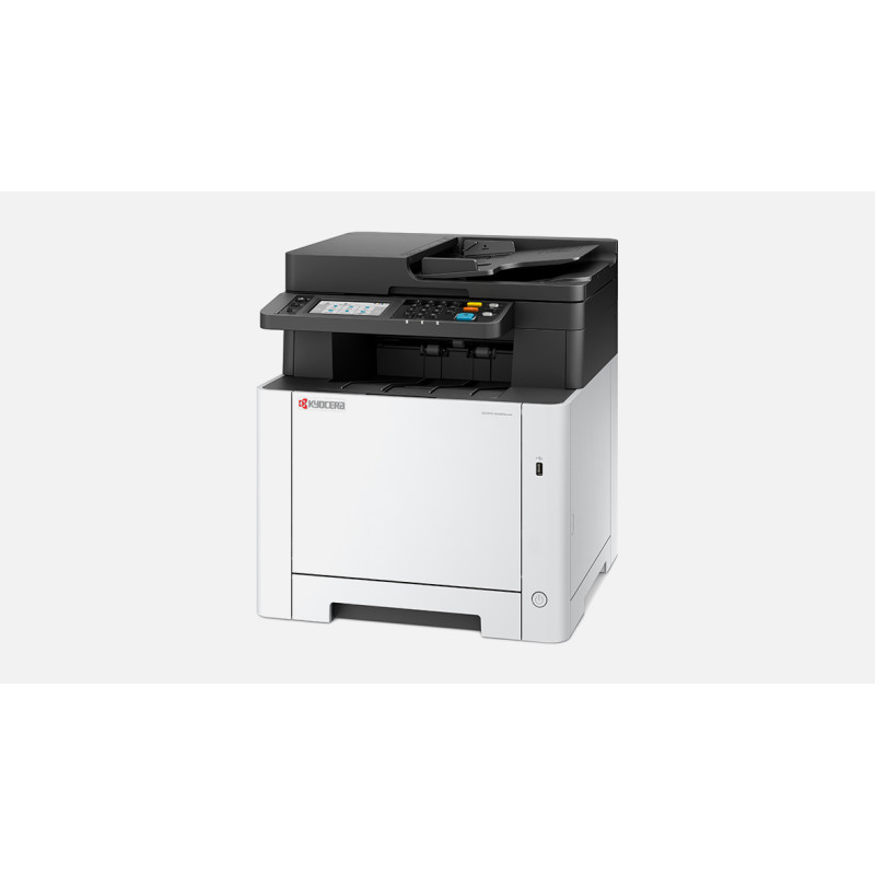 Beyaz arka planda siyah ve beyaz Kyocera çok fonksiyonlu yazıcı.