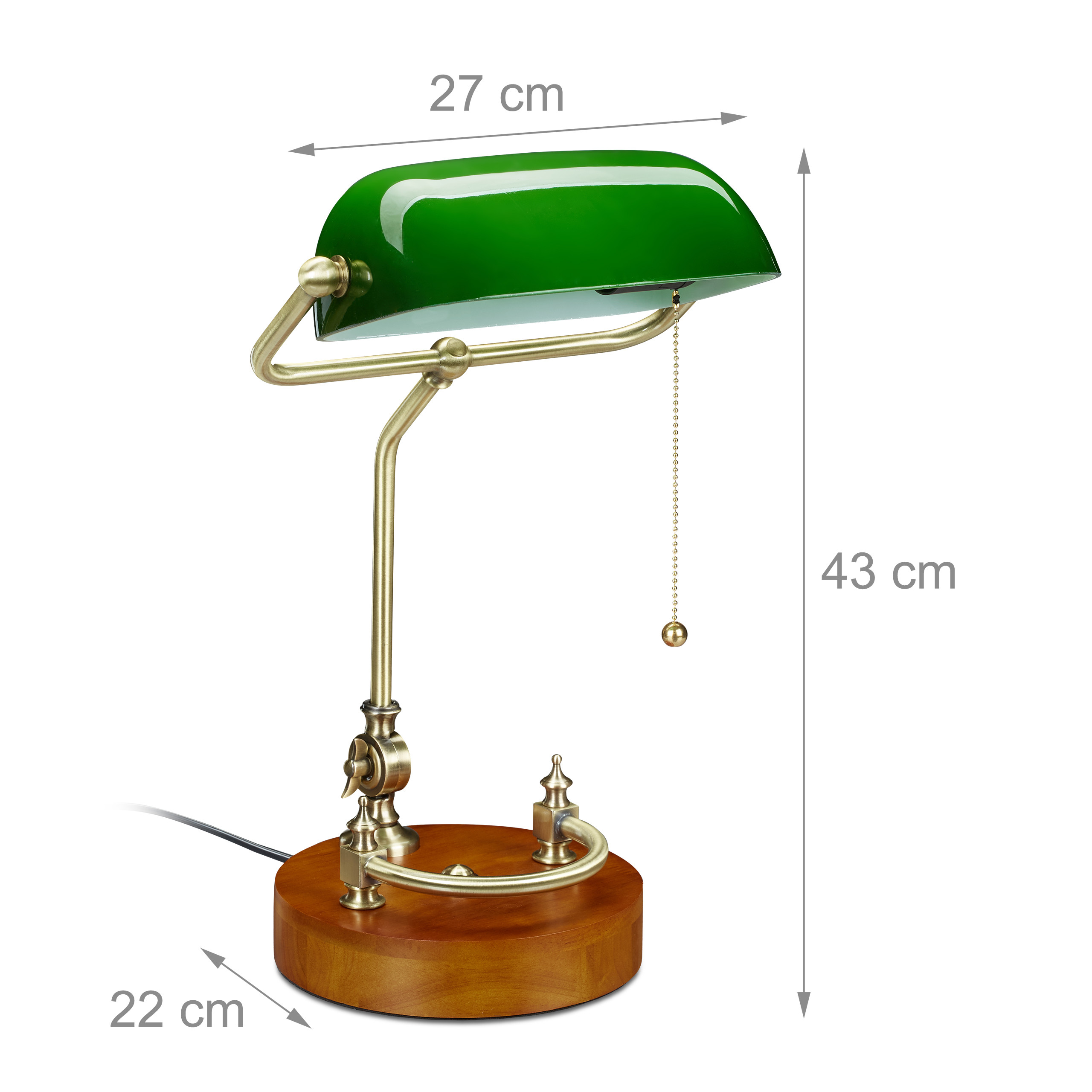 Grüne Bankerlampe mit Messinggestell und Holzfuß zeigt Maße von 27x43x22 cm auf weißem Hintergrund.
