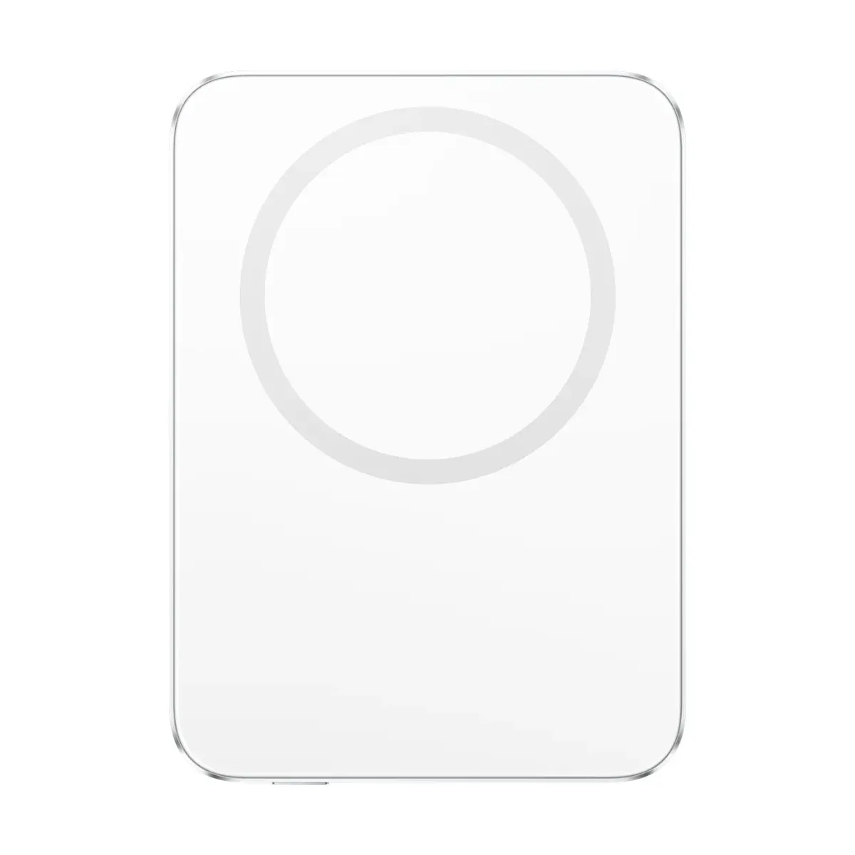 Köşeleri yuvarlatılmış ve ön tarafında dairesel bir logo bulunan beyaz taşınabilir MagSafe pil.