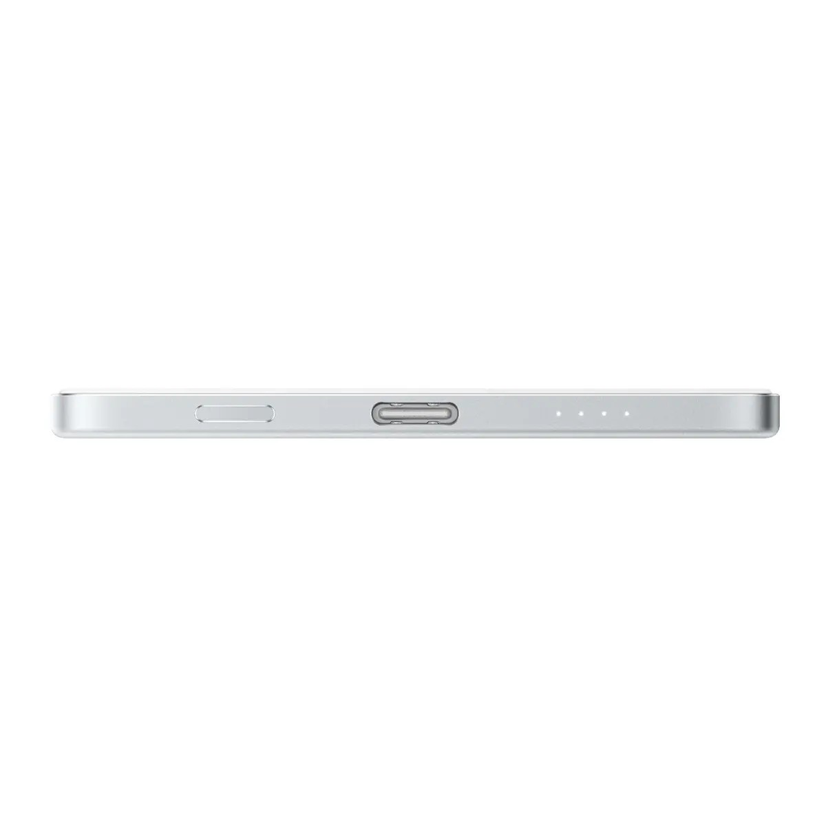Bir düğme, USB-C bağlantı noktası ve dört LED gösterge lambası içeren gümüş akıllı telefon.