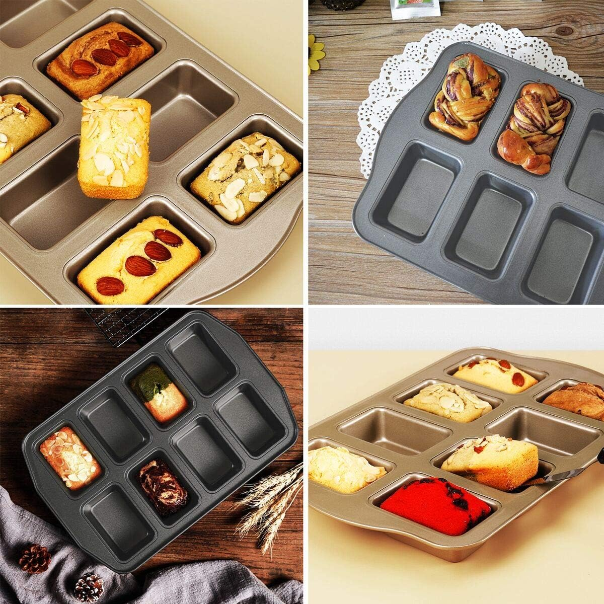 Goldene Mini-Kastenformen mit verschiedenen kleinen Kuchen.