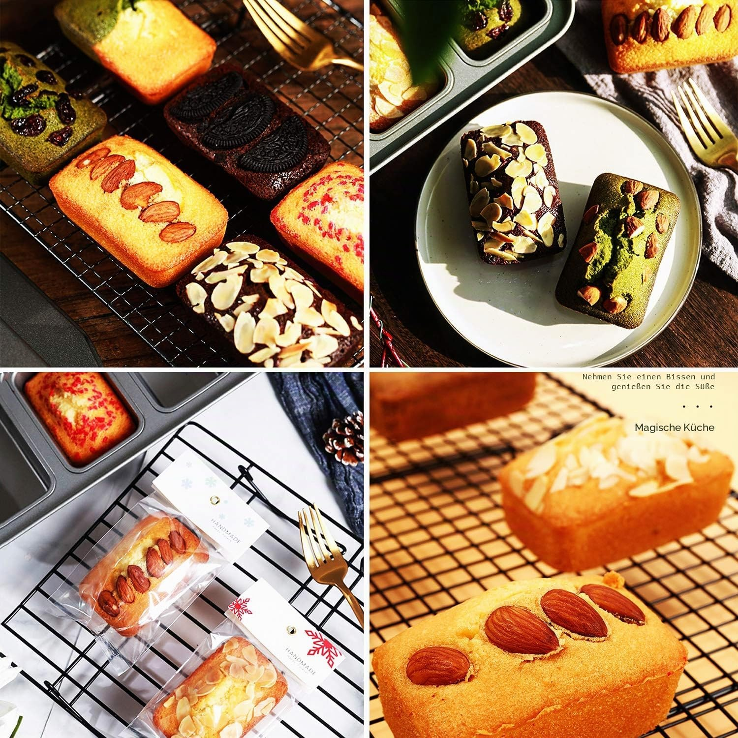 Vier Bilder zeigen frisch gebackene kleine Kuchen mit Mandeln, Beeren und Keksen auf Backgittern und Tellern.