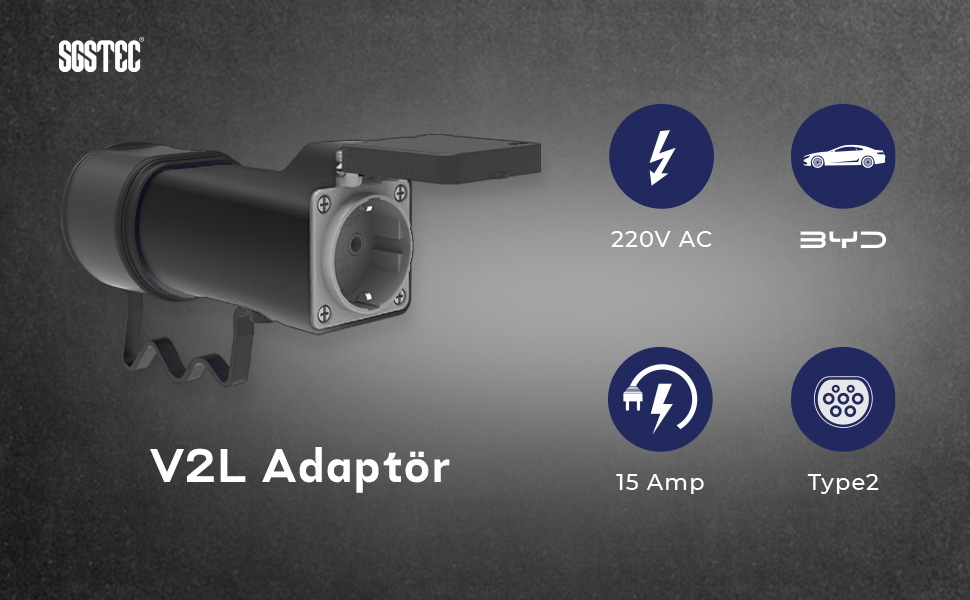Gri arka planda priz, 220V AC, 15 Amp ve Tip 2 simgelerine sahip siyah V2L adaptörü.