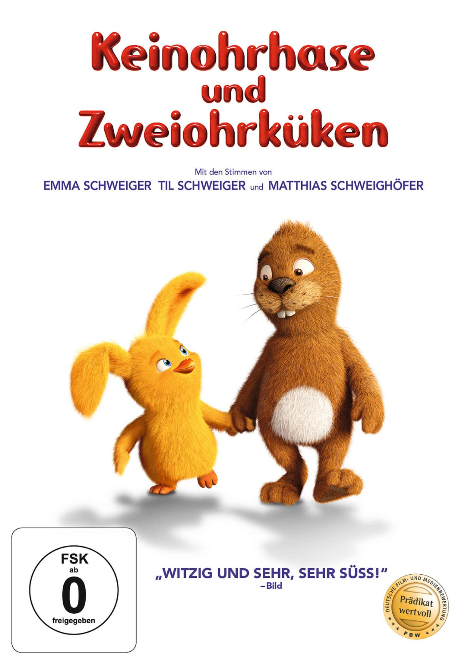 Filmplakat für Keinohrhase und Zweiohrküken mit einem braunen Hasen und einem gelben Küken, die Händchen halten.