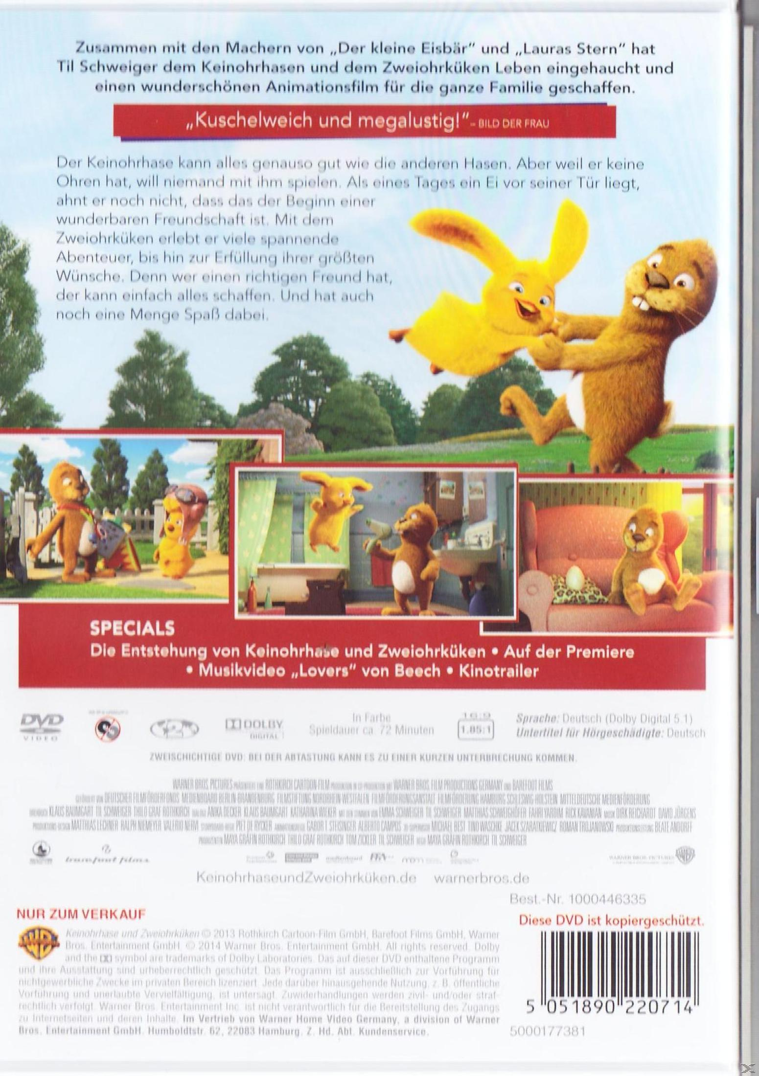 DVD-Rückseite mit Text und Bildern von Hase und Küken aus dem Film.