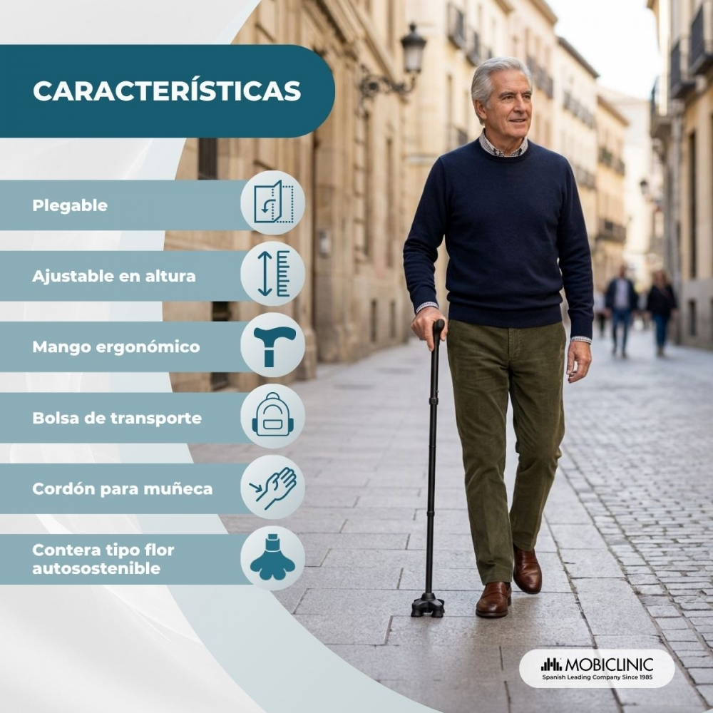 Hombre mayor camina con bastón en la calle, con iconos de características.