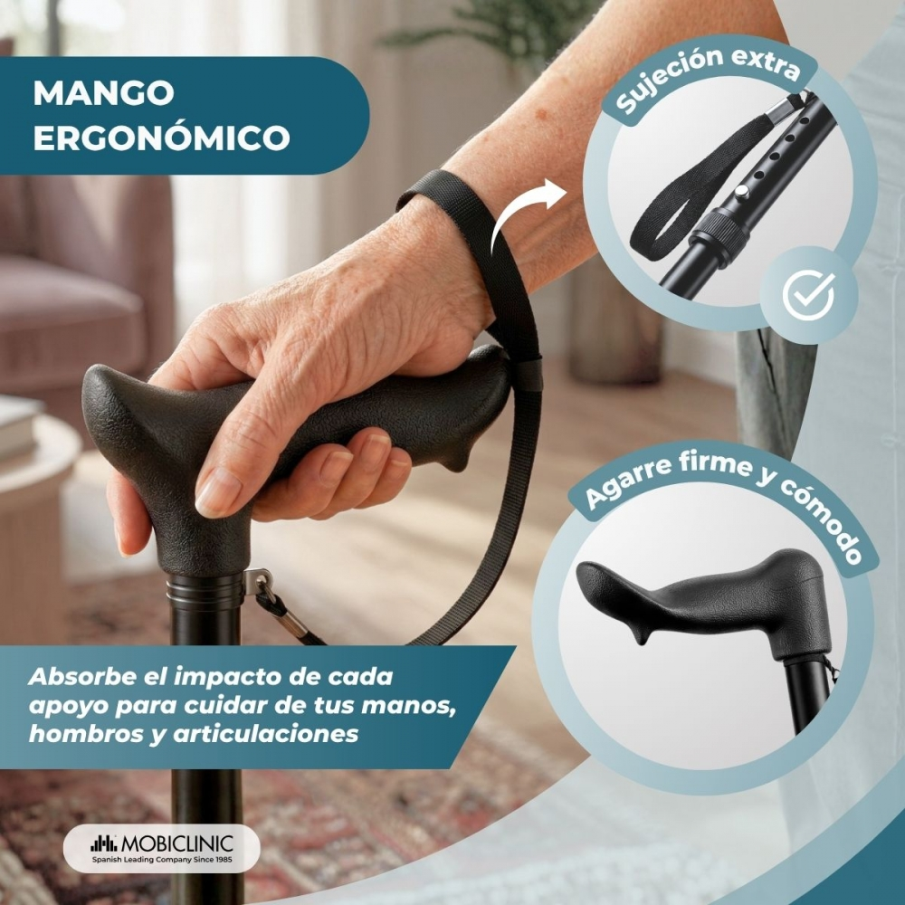 Mano sosteniendo el mango ergonómico de un bastón negro con correa.