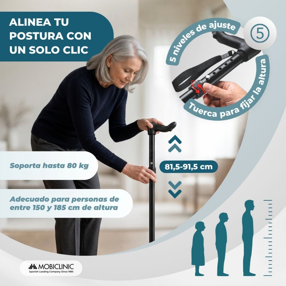 Mujer mayor sostiene un bastón negro ajustable con textos y medidas.