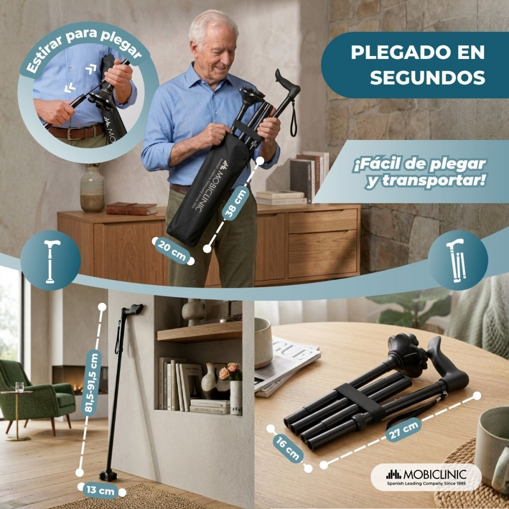 Un anciano sostiene un bastón negro plegado en una bolsa con la marca Mobiclinic, con dimensiones.