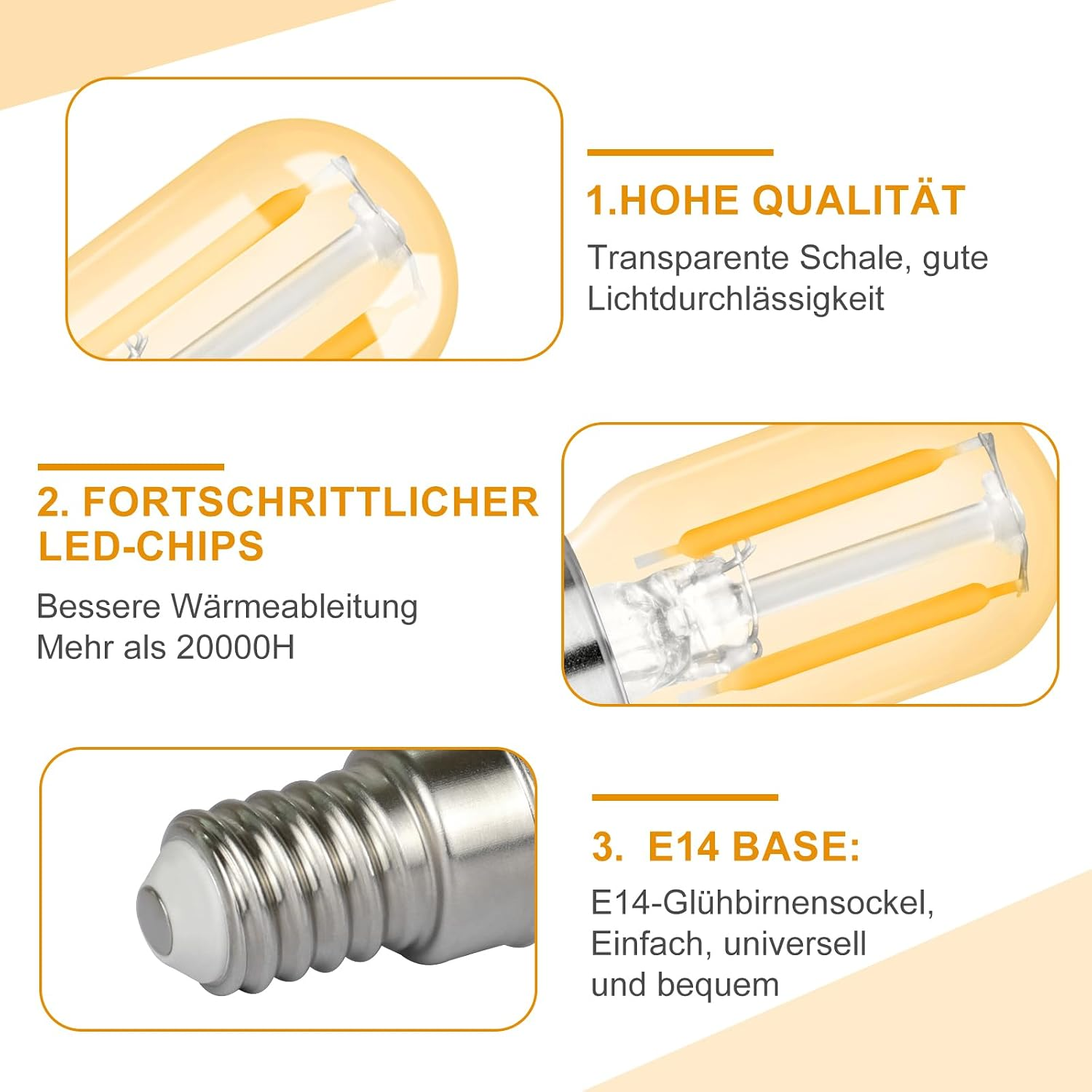 Infografik zeigt LED-Lampenmerkmale: transparente Hülle, fortschrittliche LED-Chips und E14-Sockel.