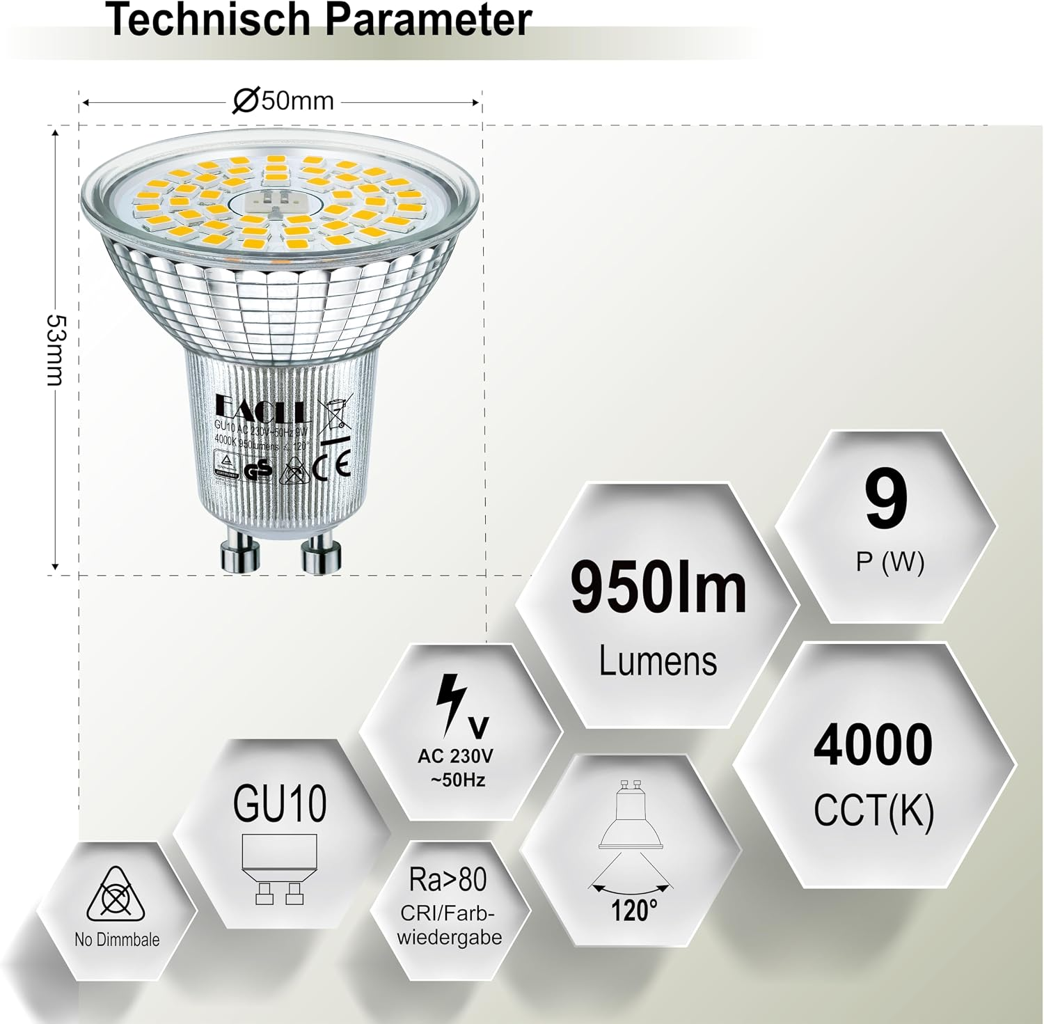 GU10 LED-Glühbirne mit 50mm Durchmesser, 53mm Höhe, 950 Lumen, 9W Leistung und 4000K Farbtemperatur.