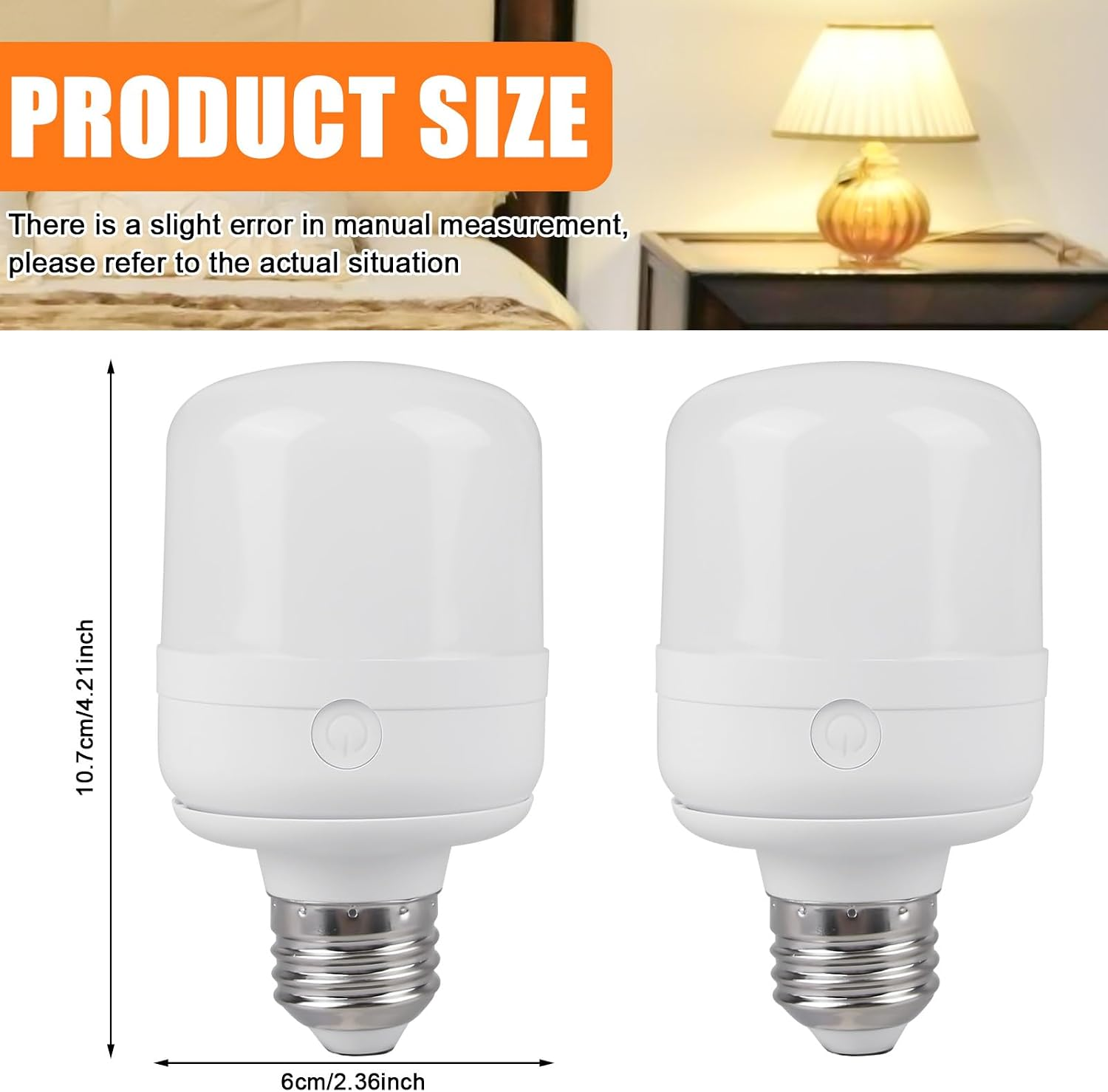 Zwei weiße LED-Glühbirnen mit angegebenen Maßen: 10,7 cm Höhe und 6 cm Breite.