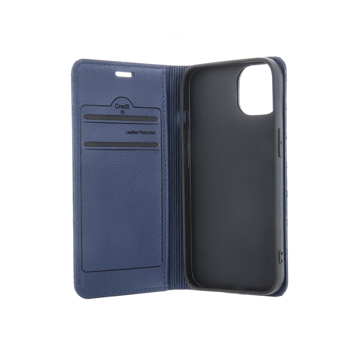 Eine blaue Leder-Handy-Brieftasche mit Kartenfächern und schwarzem Innenhalter.