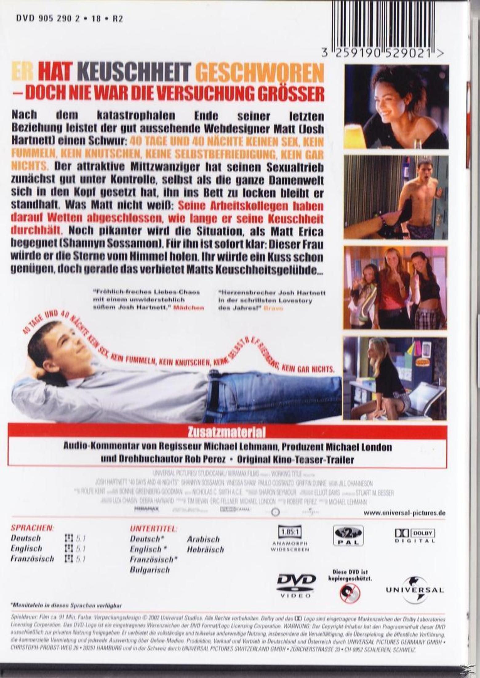 Rückseite der DVD 40 Tage und 40 Nächte mit Szenenfotos, Beschreibung, Besetzung und technischen Details.