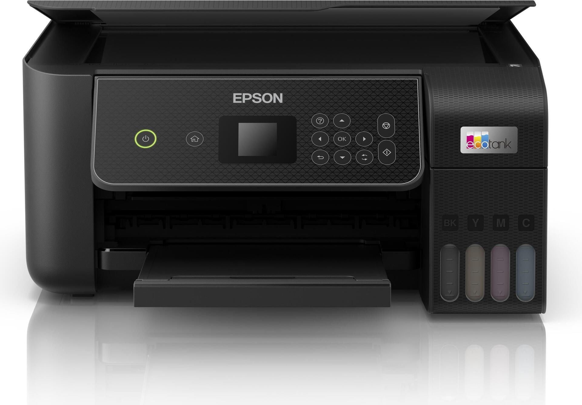 Una stampante nera Epson EcoTank con serbatoi d'inchiostro e pannello.