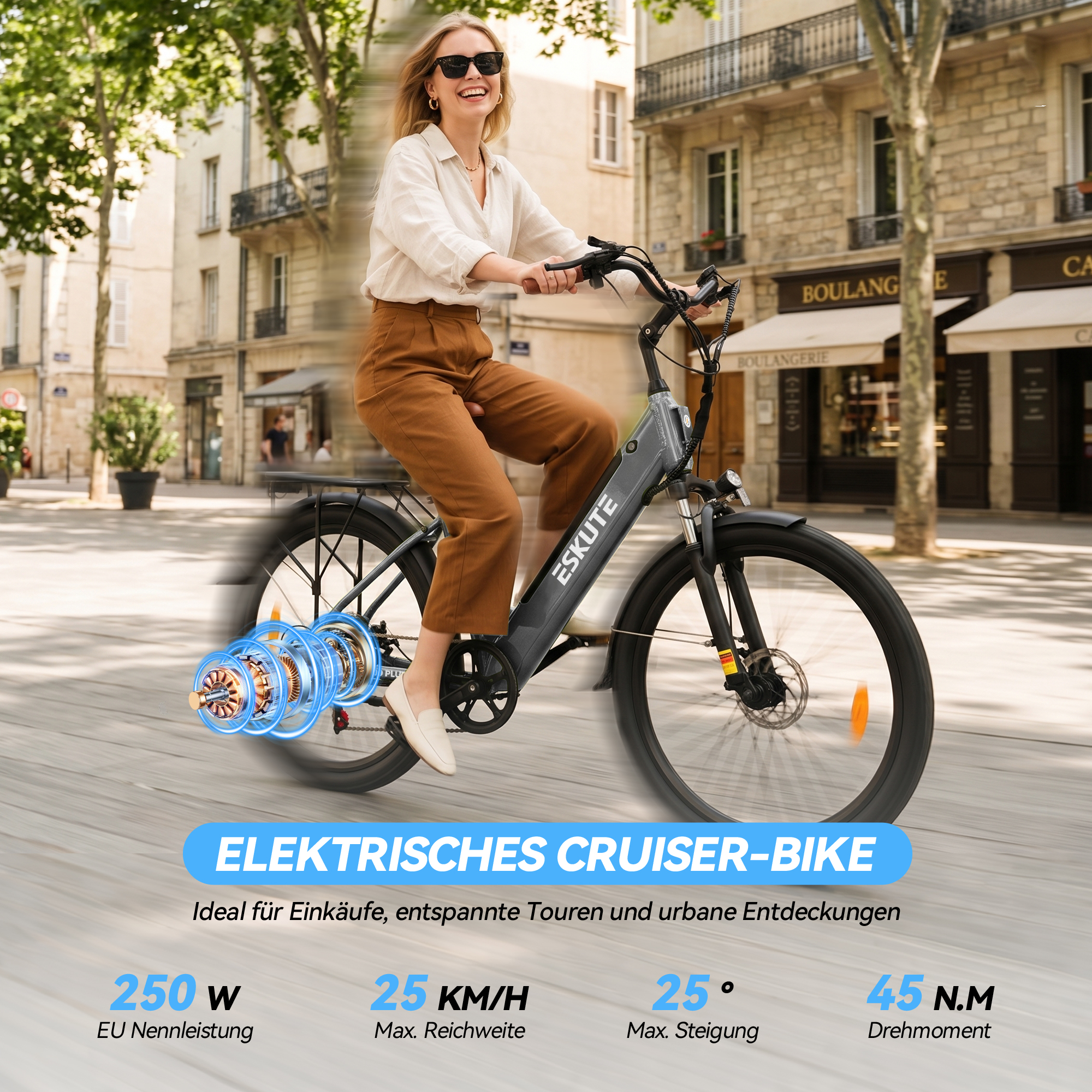 Eine lächelnde Frau fährt ein Eskute E-Bike auf einer Straße, mit eingeblendeter Motorgrafik und technischen Daten.