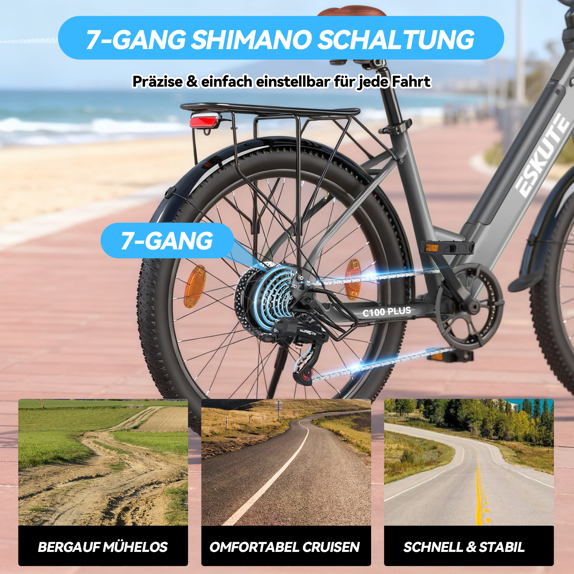 E-Bike Hinterrad mit Shimano 7-Gang-Schaltung vor Strandkulisse und drei Untergrund-Beispielen.