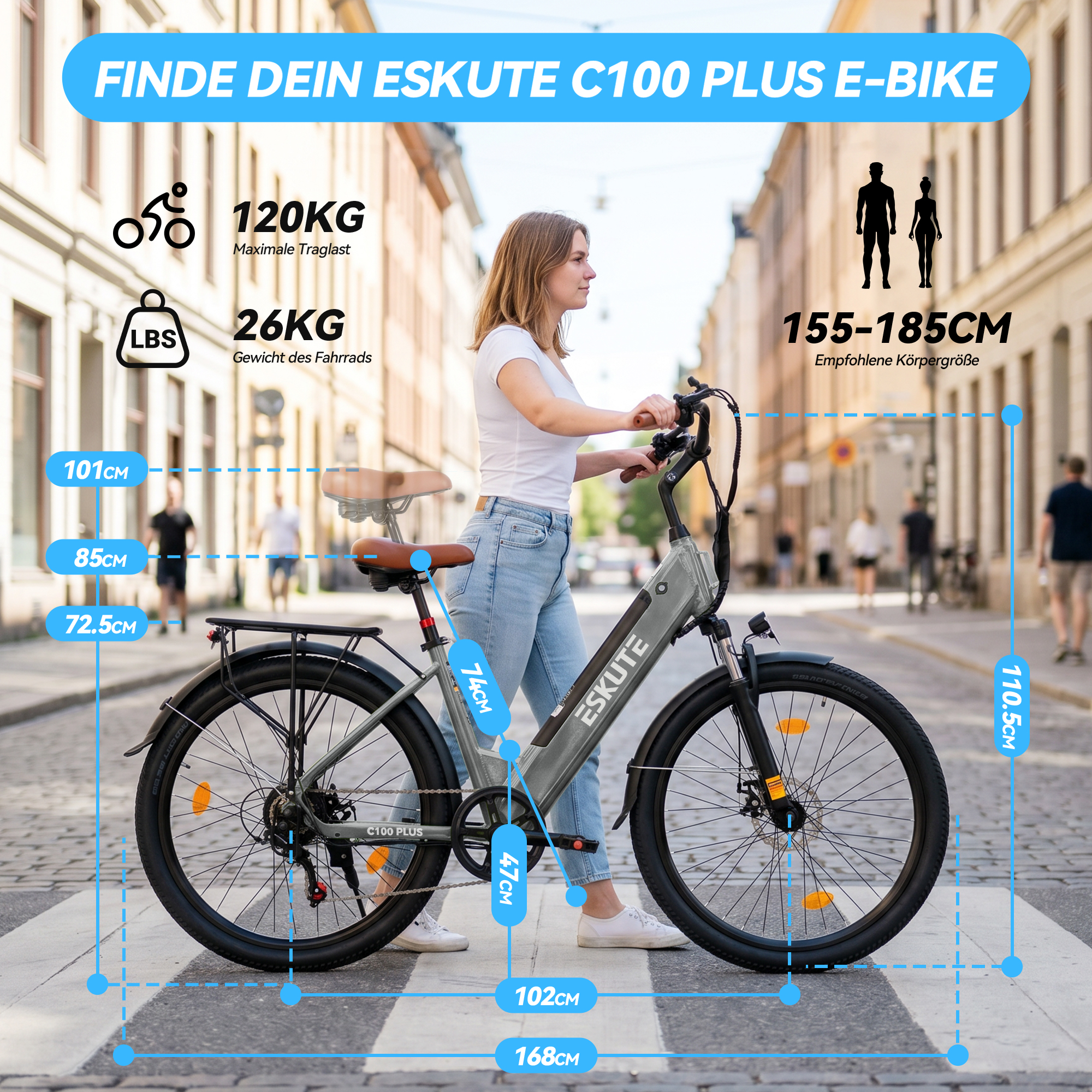 Eine Frau schiebt ein graues Eskute C100 Plus E-Bike auf einer Straße mit Maßangaben.