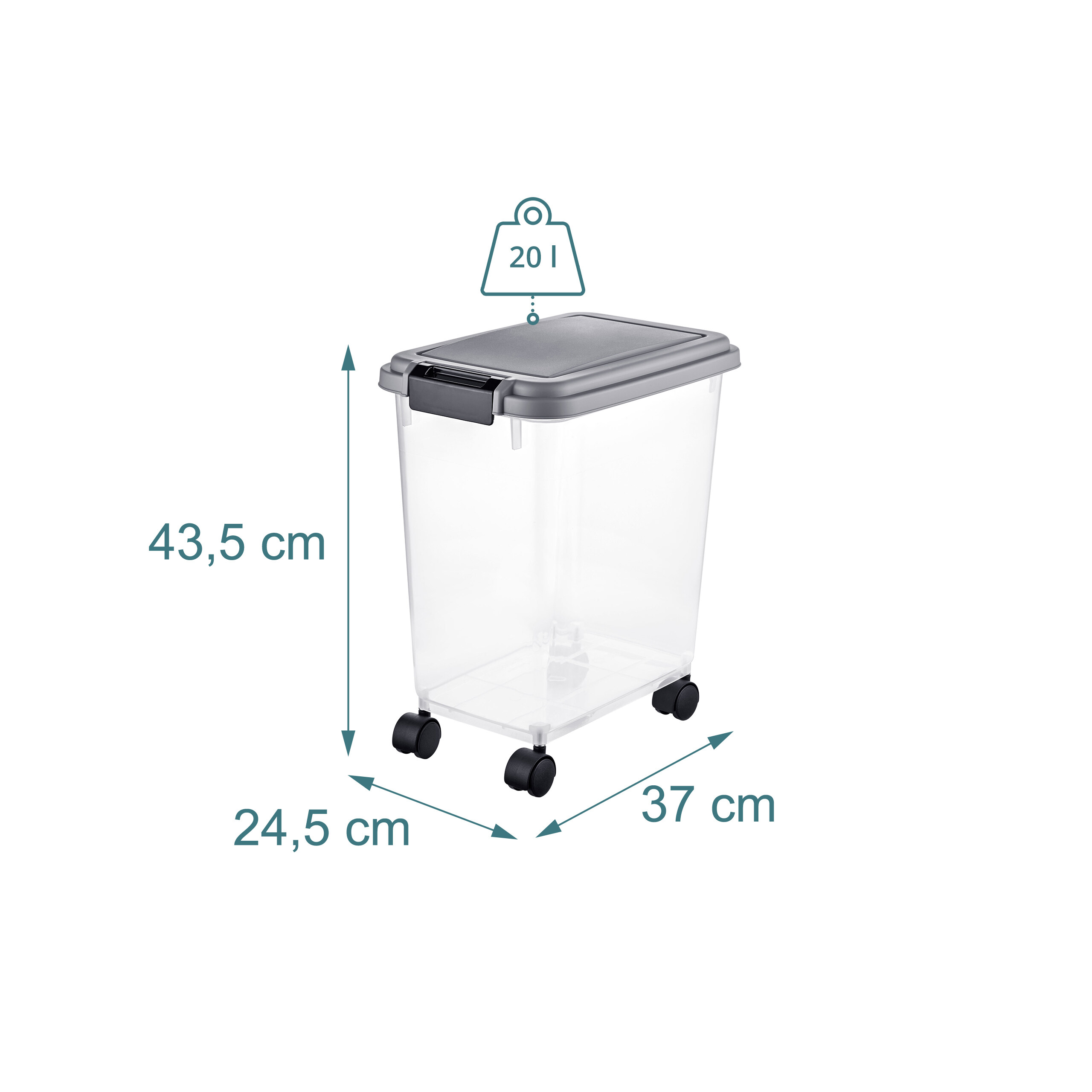Transparente 20L Plastik-Aufbewahrungsbox auf Rollen, Maße 43,5x37x24,5 cm.