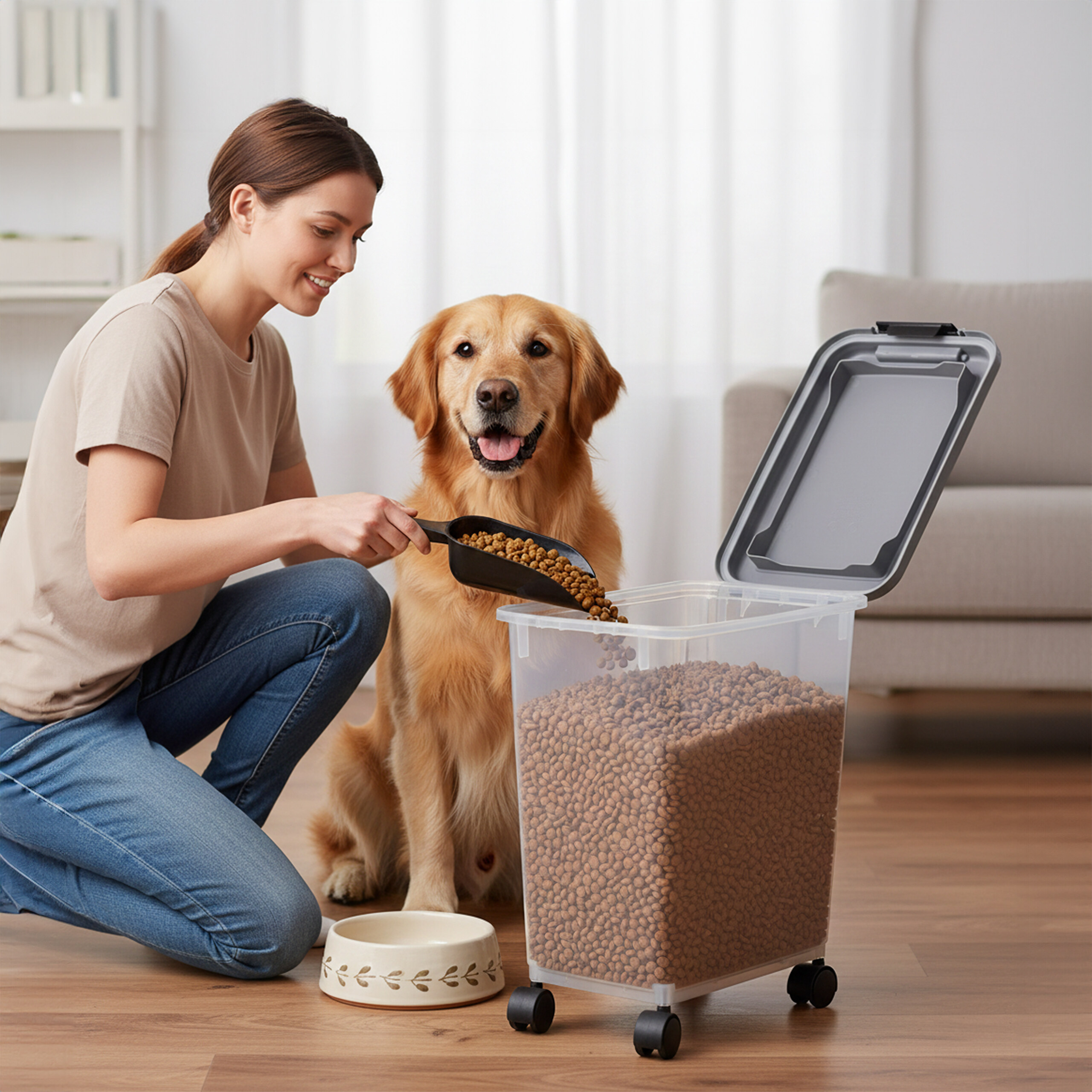 Eine Frau füllt Hundefutter mit einer Schaufel aus einem fahrbaren Behälter, während ein Golden Retriever zusieht.