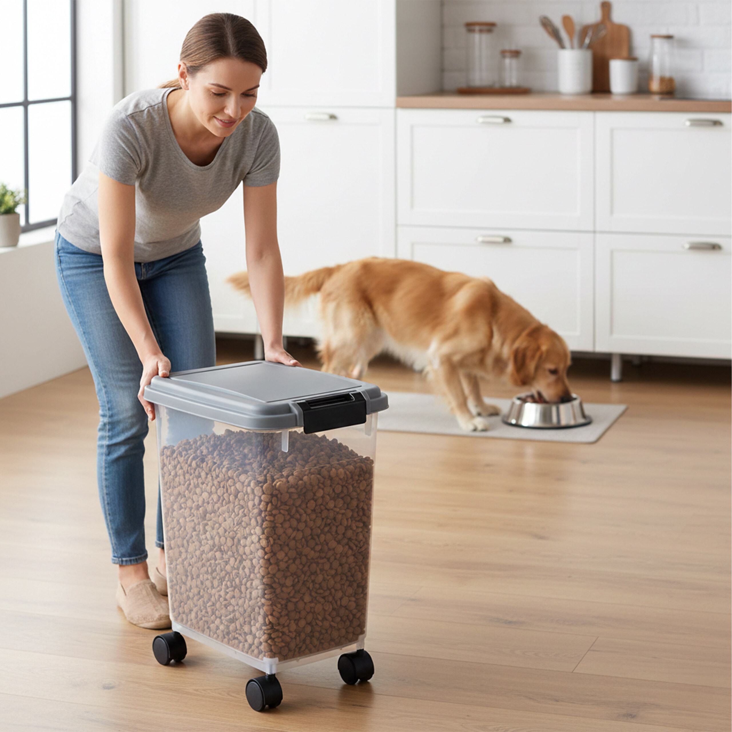 Eine Frau hält einen fahrbaren Hundeutterbehälter in einer Küche, während im Hintergrund ein Golden Retriever frisst.