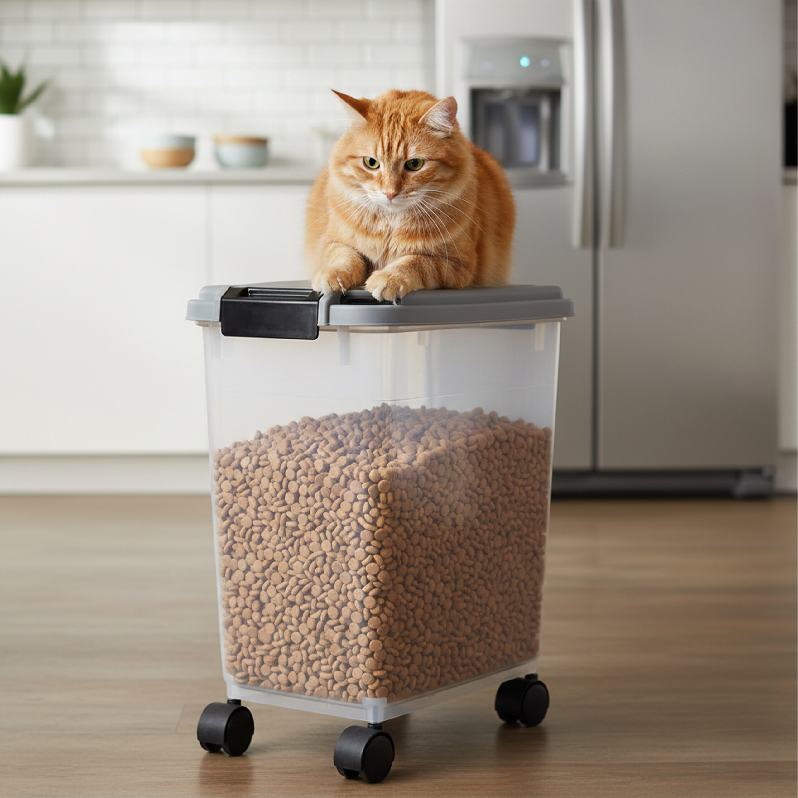 Eine orangefarbene Tigerkatze sitzt in einer Küche auf einem großen, durchsichtigen Tierfutterbehälter mit Trockenfutter.