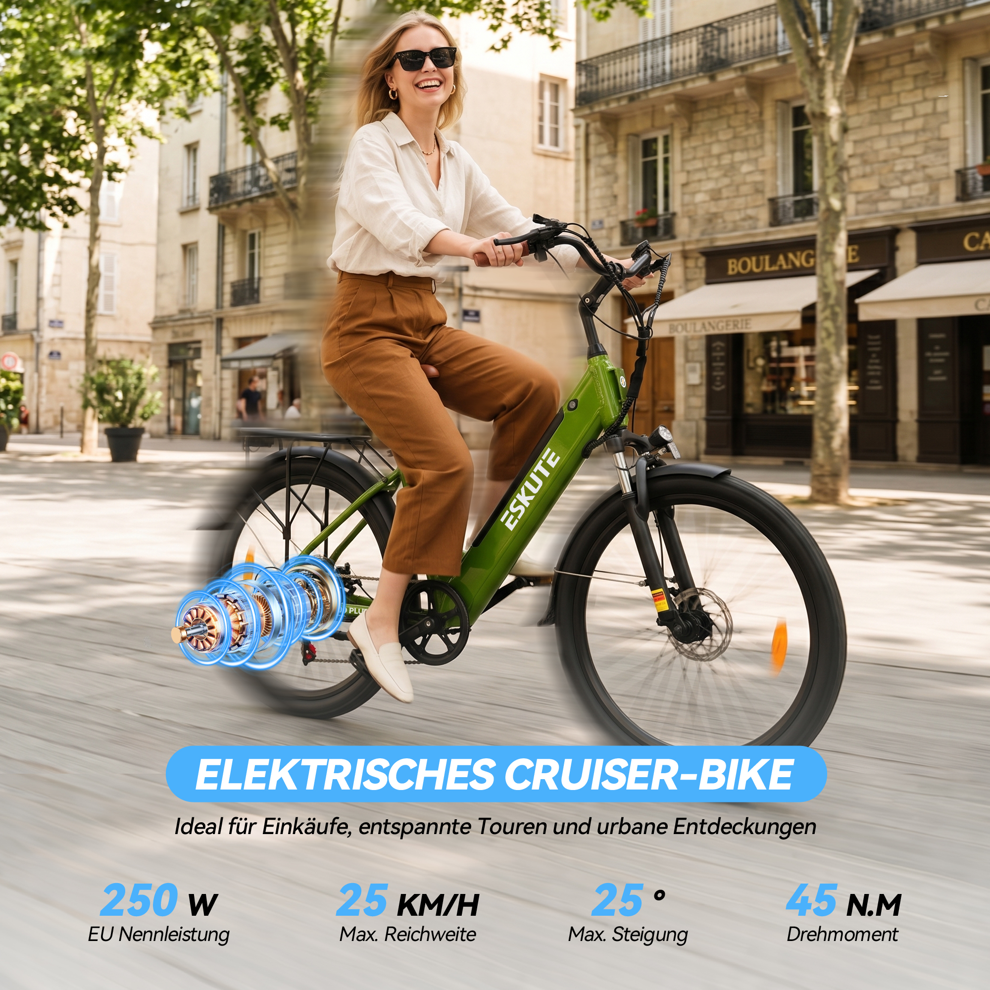 Eine lächelnde Frau in Sonnenbrille fährt ein grünes E-Bike auf einer Straße, mit eingeblendeten technischen Daten.
