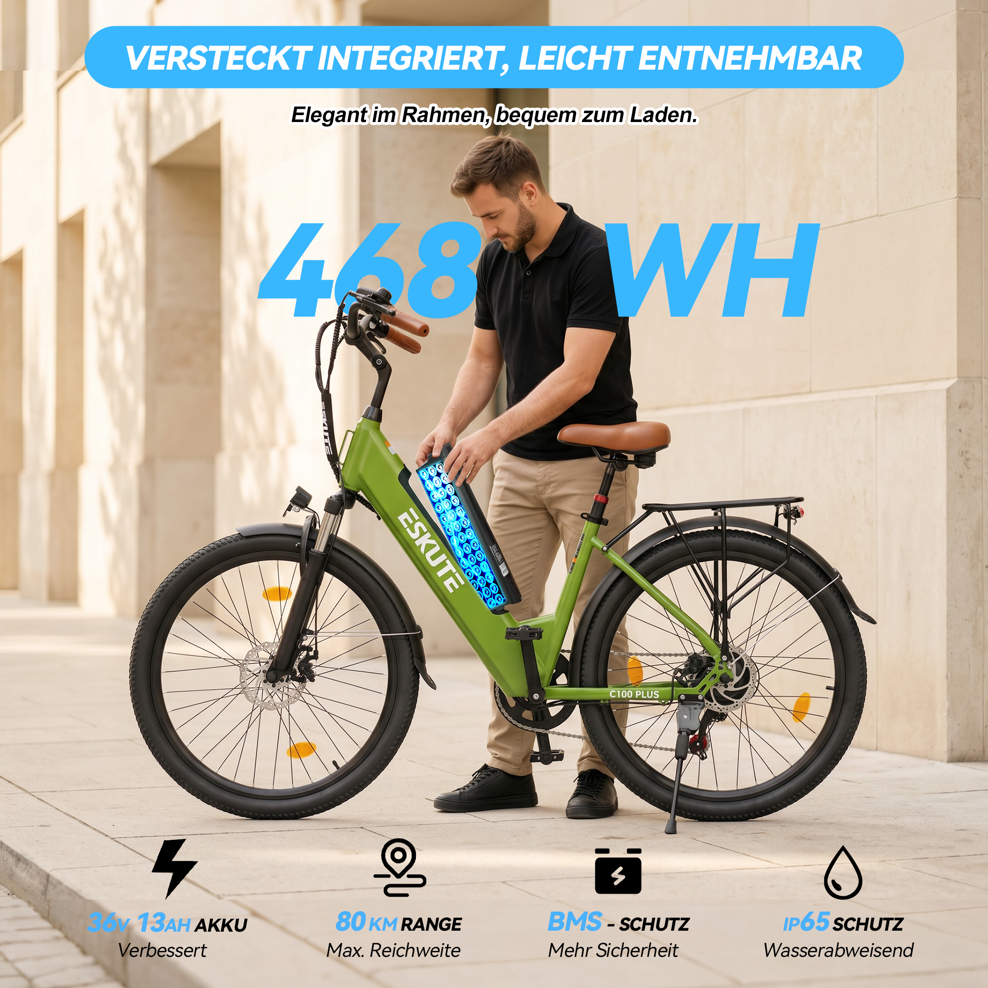 Ein Mann setzt eine leuchtende Batterie in den Rahmen eines grünen Eskute C100 Plus E-Bikes.