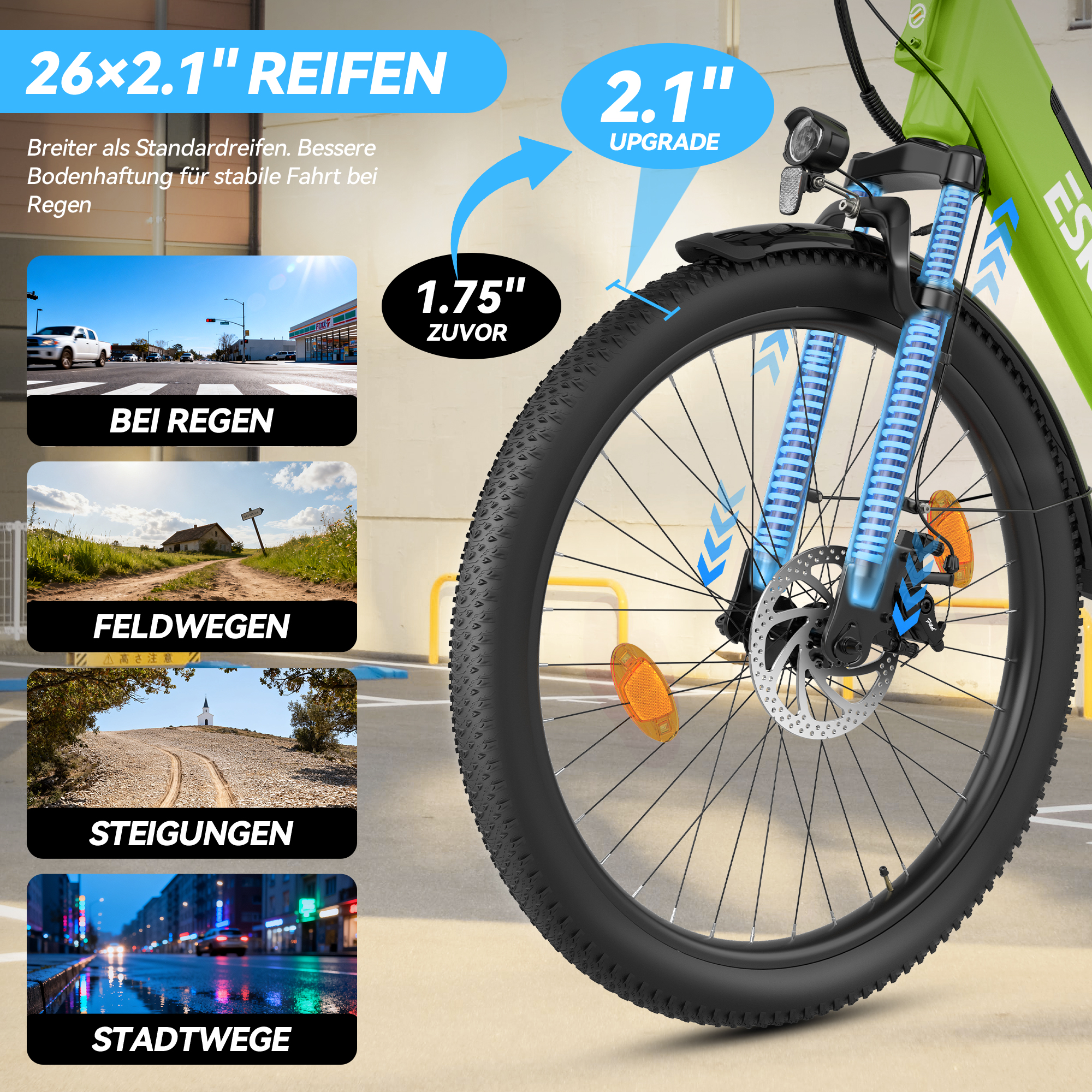 E-Bike Vorderrad mit 2,1 Zoll Reifen und Federgabel, Diagramme zeigen Vorteile auf verschiedenen Untergründen.