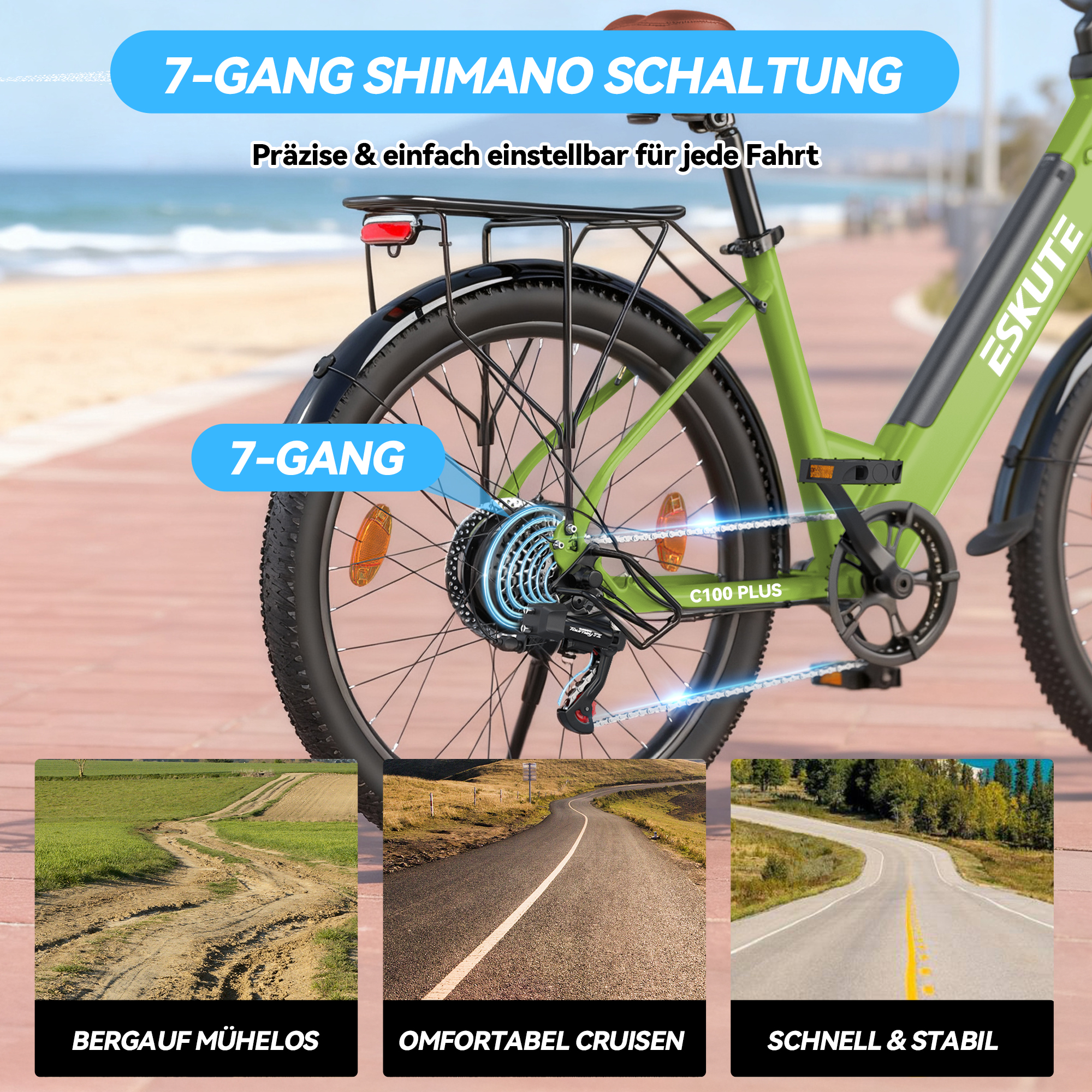 Grünes Eskute E-Bike mit 7-Gang-Schaltung, Gepäckträger und drei kleineren Bildern verschiedener Straßen.