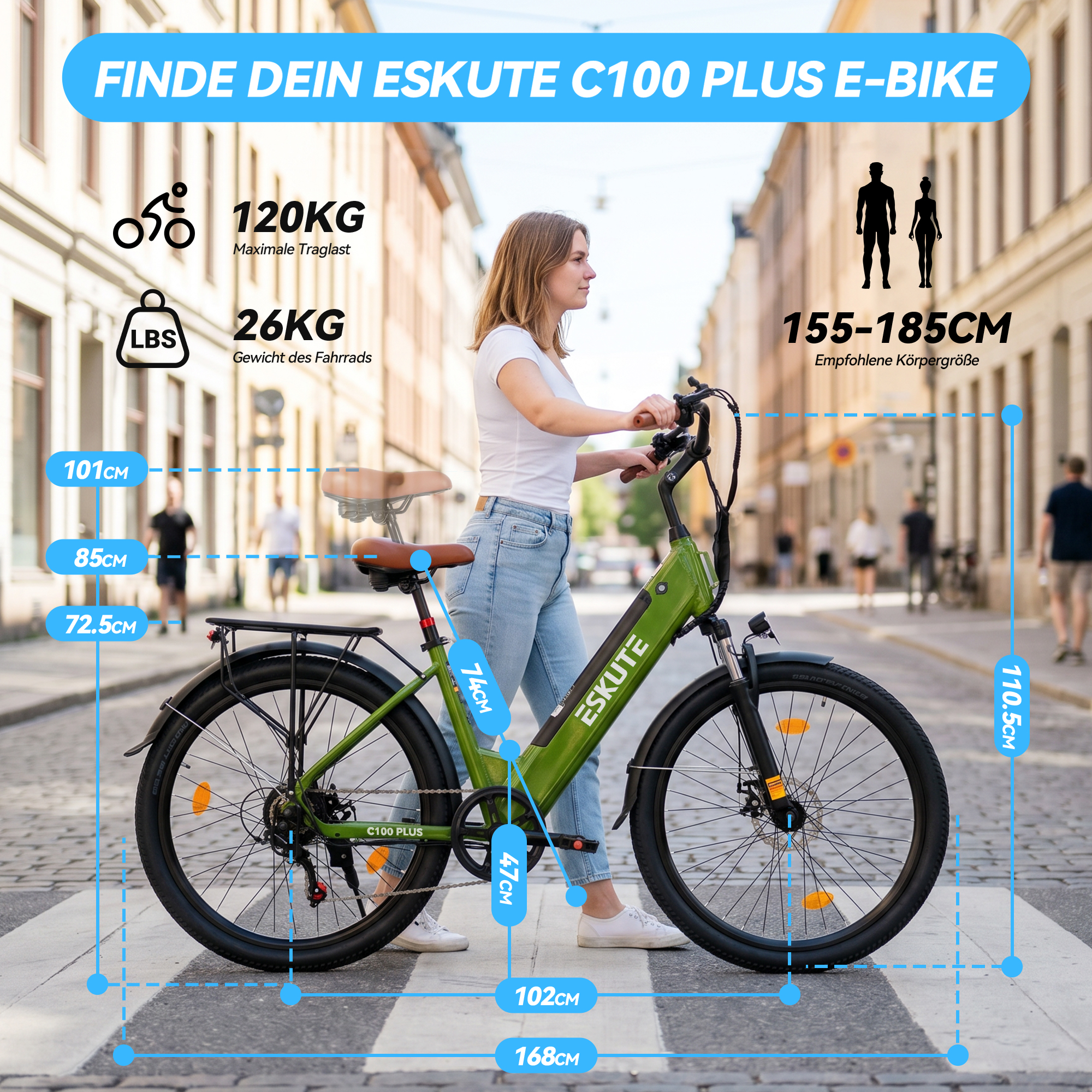 Eine Frau posiert mit einem grünen Eskute C100 Plus E-Bike in einer europäischen Straße mit überlagerten Diagrammen.