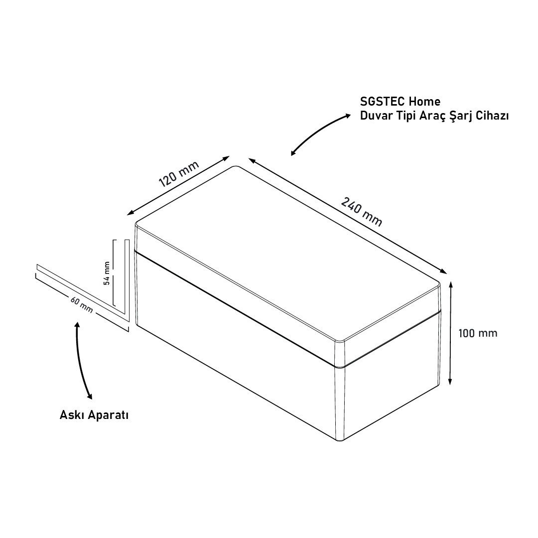 240x120x100 mm ölçülerinde duvara monte araç şarj cihazının teknik çizimi.
