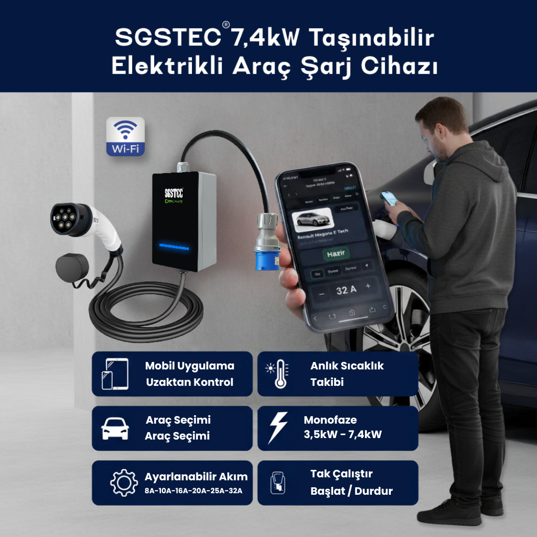 Bir adam mobil uygulama ile SGSTEC 7.4kW şarj cihazını kontrol ederek araba şarj ediyor.