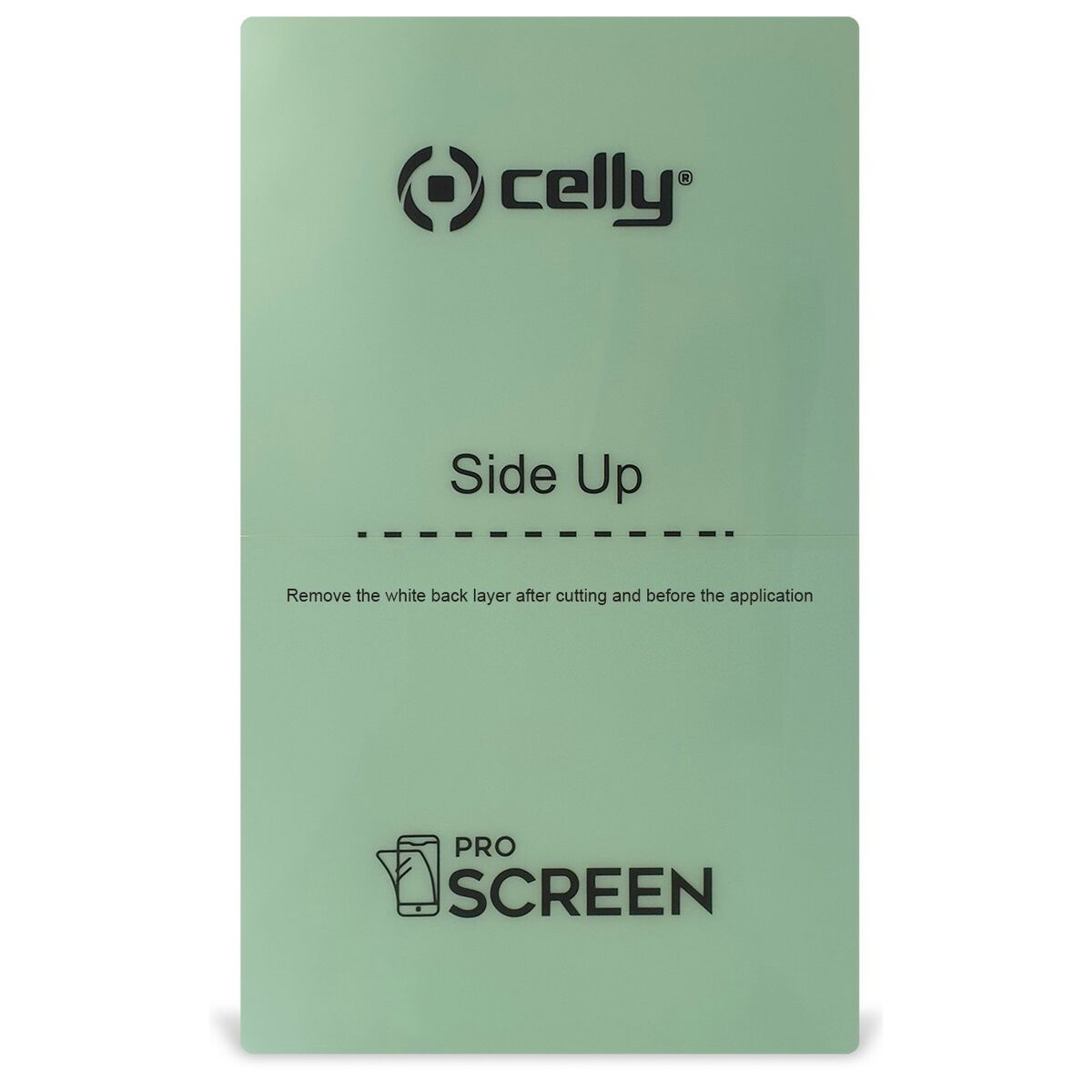 Una lágrima protectora Celly Pro Screen verde claro con texto negro Side Up y Pro Screen.