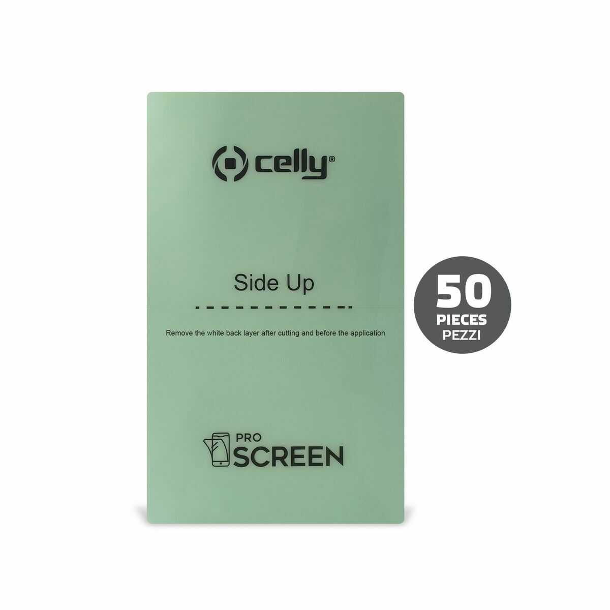 Protector de pantalla verde Celly Pro con texto y chapa de 50 piezas.