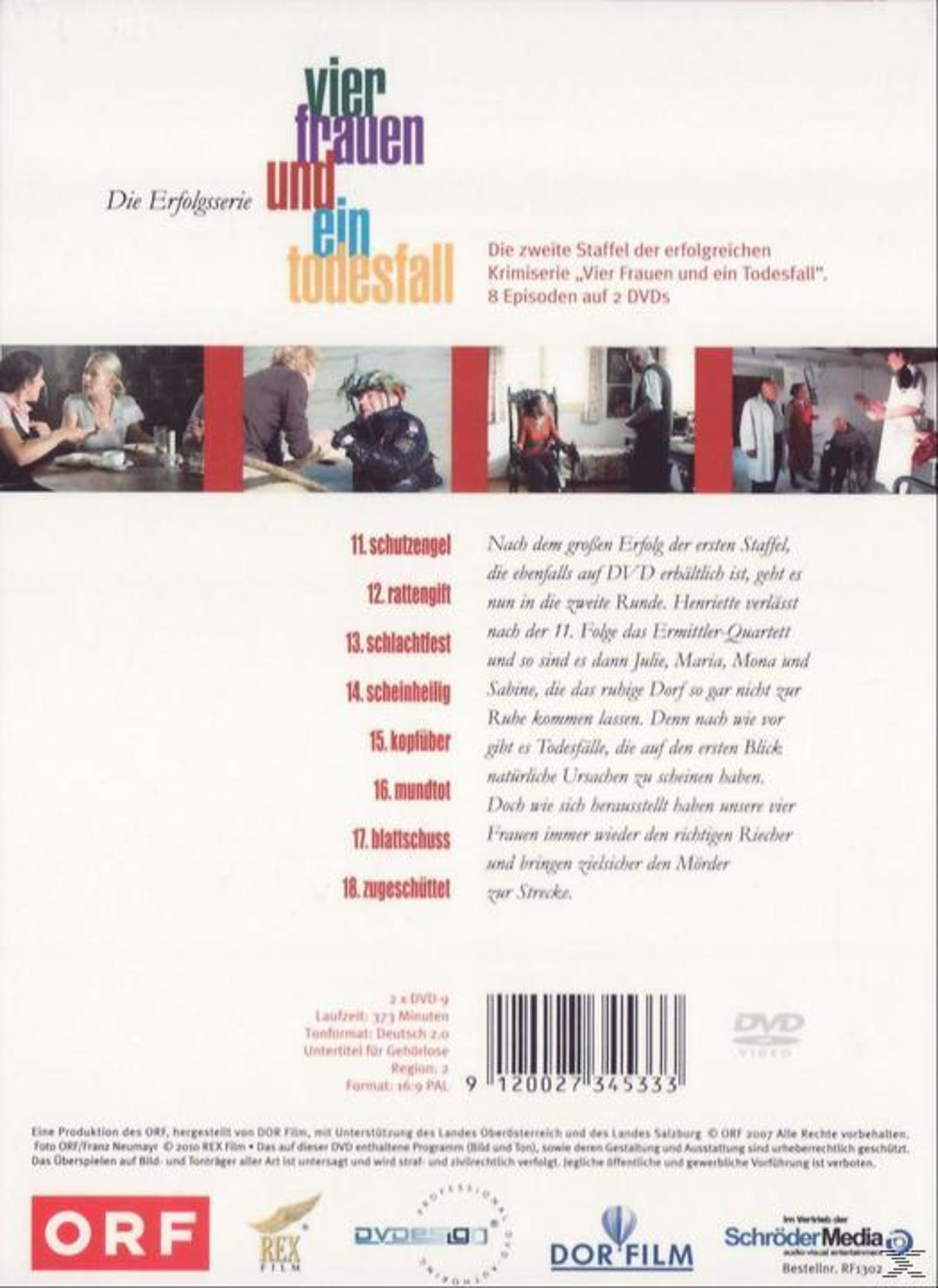DVD-Cover der Serie Vier Frauen und ein Todesfall mit Episodentiteln, Szenenfotos und Produktionslogos.