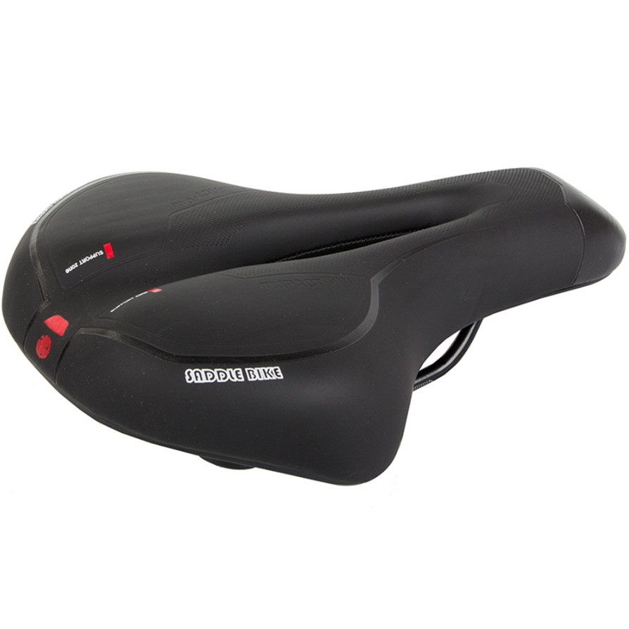 Czarne siodełko rowerowe o ergonomicznym kształcie, z centralnym kanałem odciążającym i białym napisem Saddle Bike.